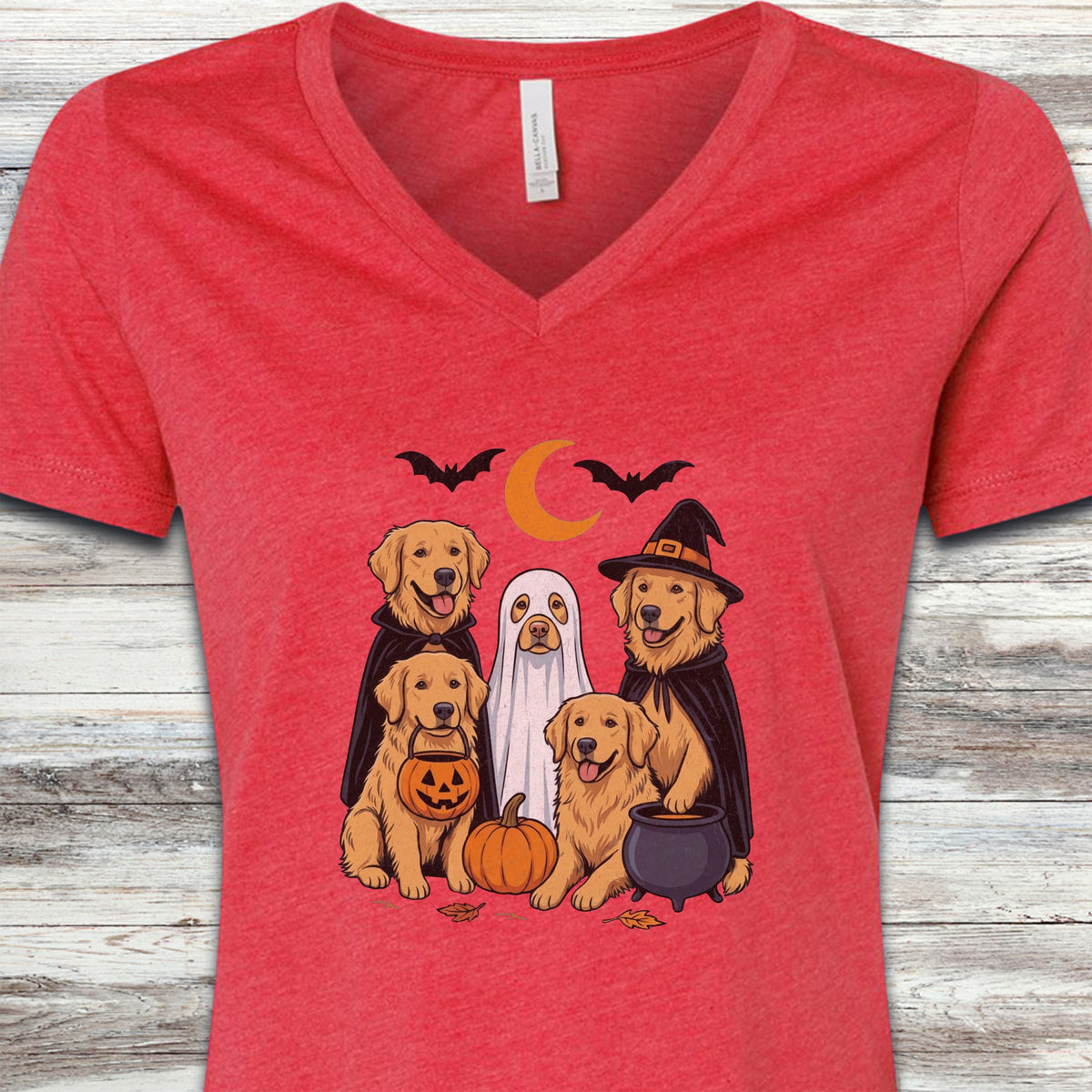 Golden Retriever Halloween V-Neck Tee - Heather Red