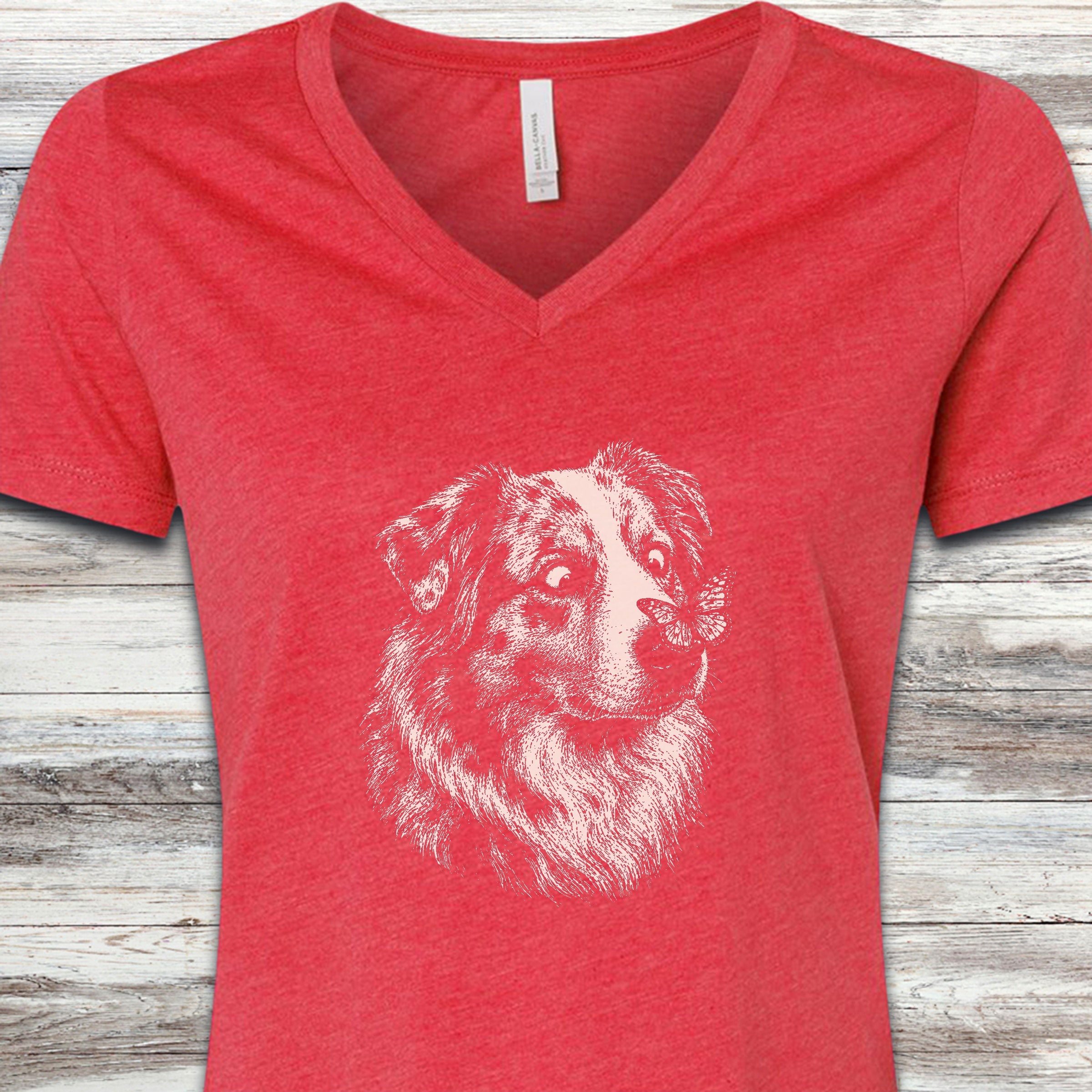 Australian Shepherd Butterfly V-Neck Tee - Heather Red