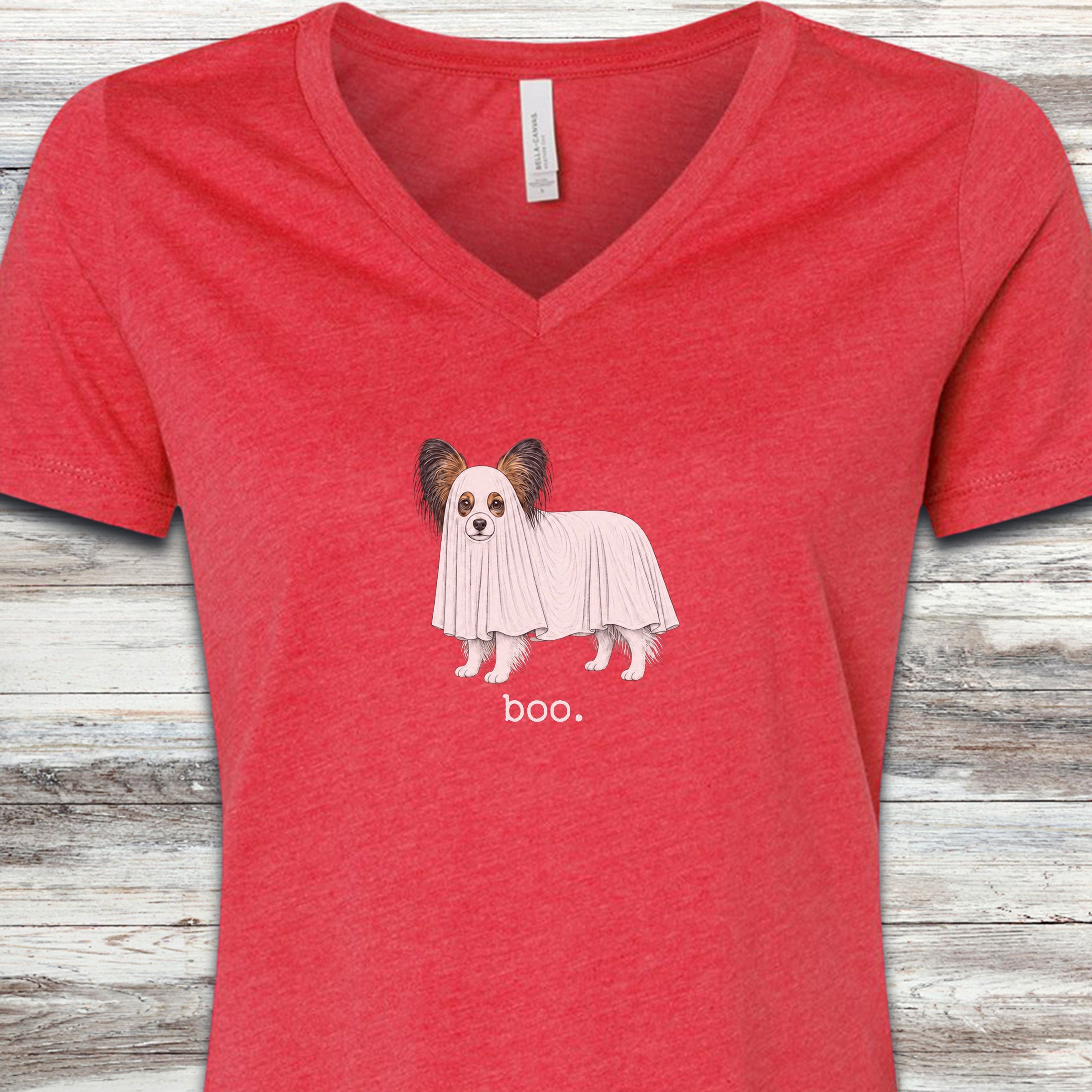 Papillon Boo V-Neck Tee - Heather Red