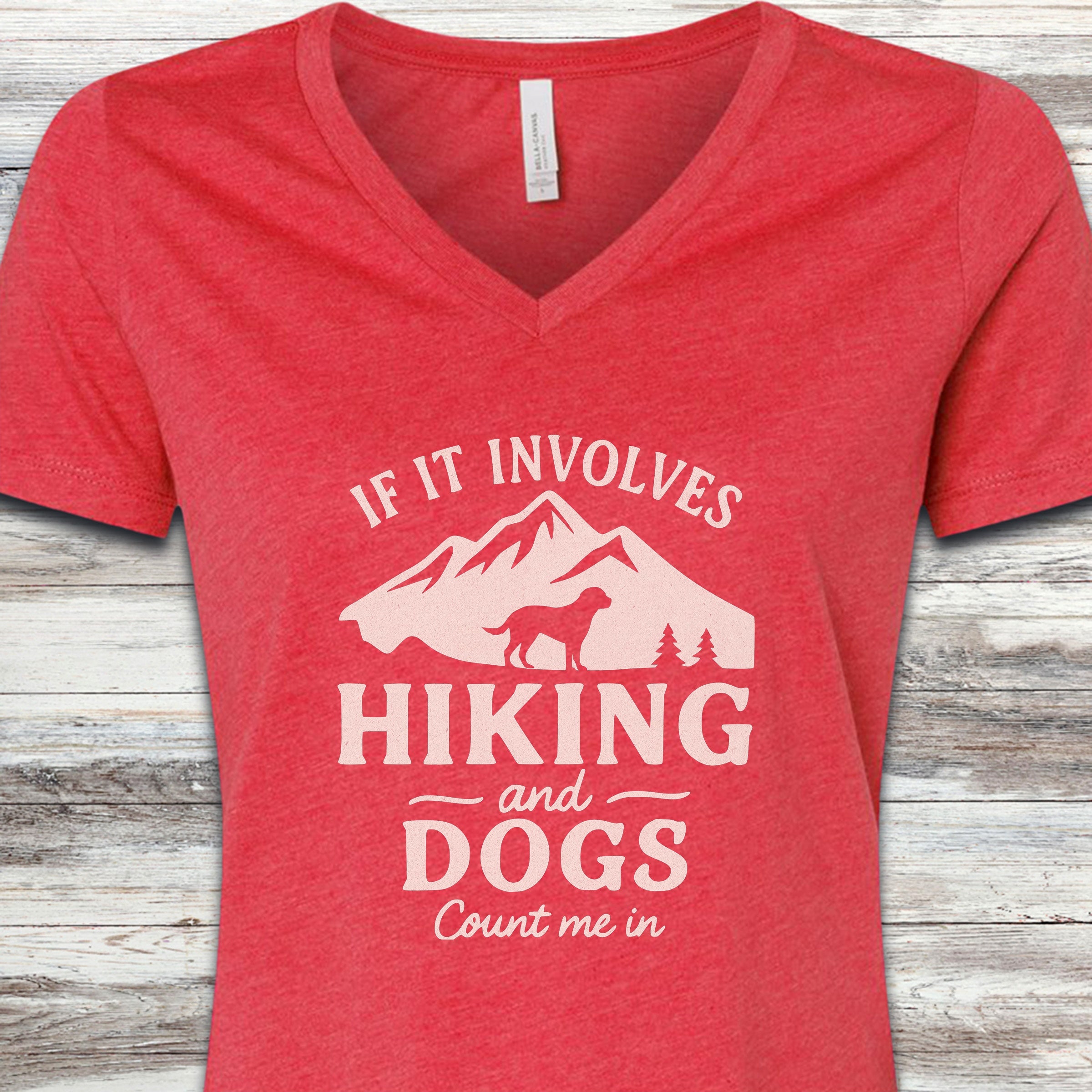 Hiking & Dogs V-Neck Tee - Heather Red