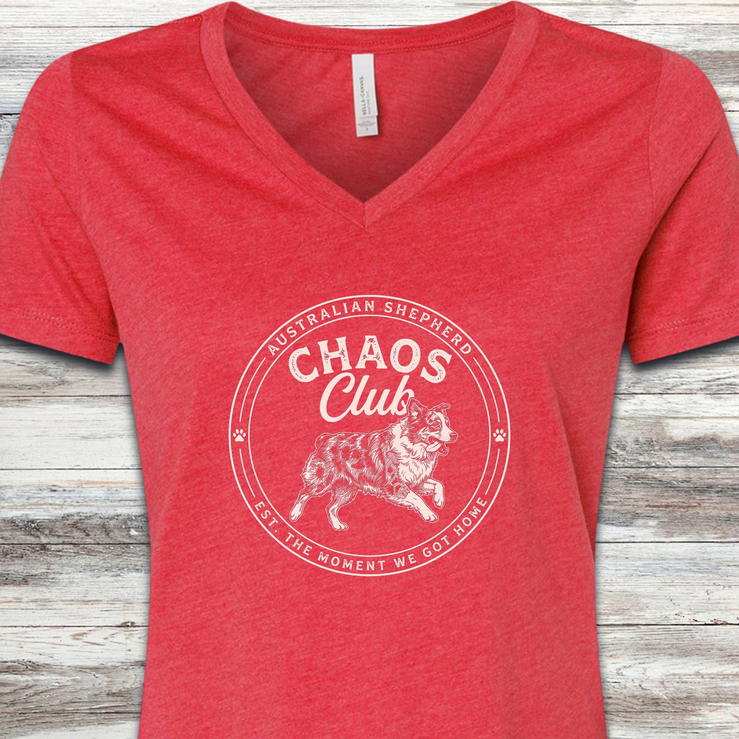 Australian Shepherd Chaos Club V-Neck Tee - Heather Red