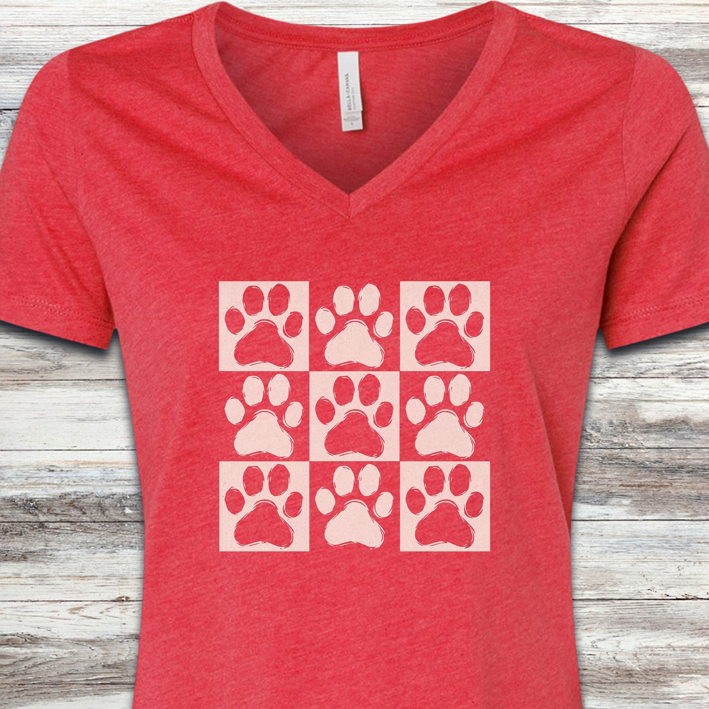 Paw Prints V-Neck Tee - Heather Red