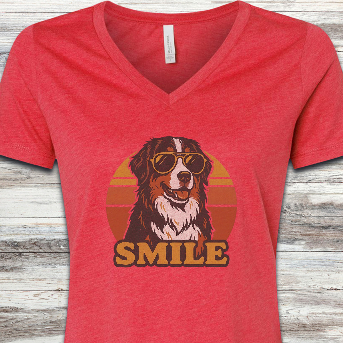 Bernese Mountain Dog Smile V-Neck Tee - Heather Red