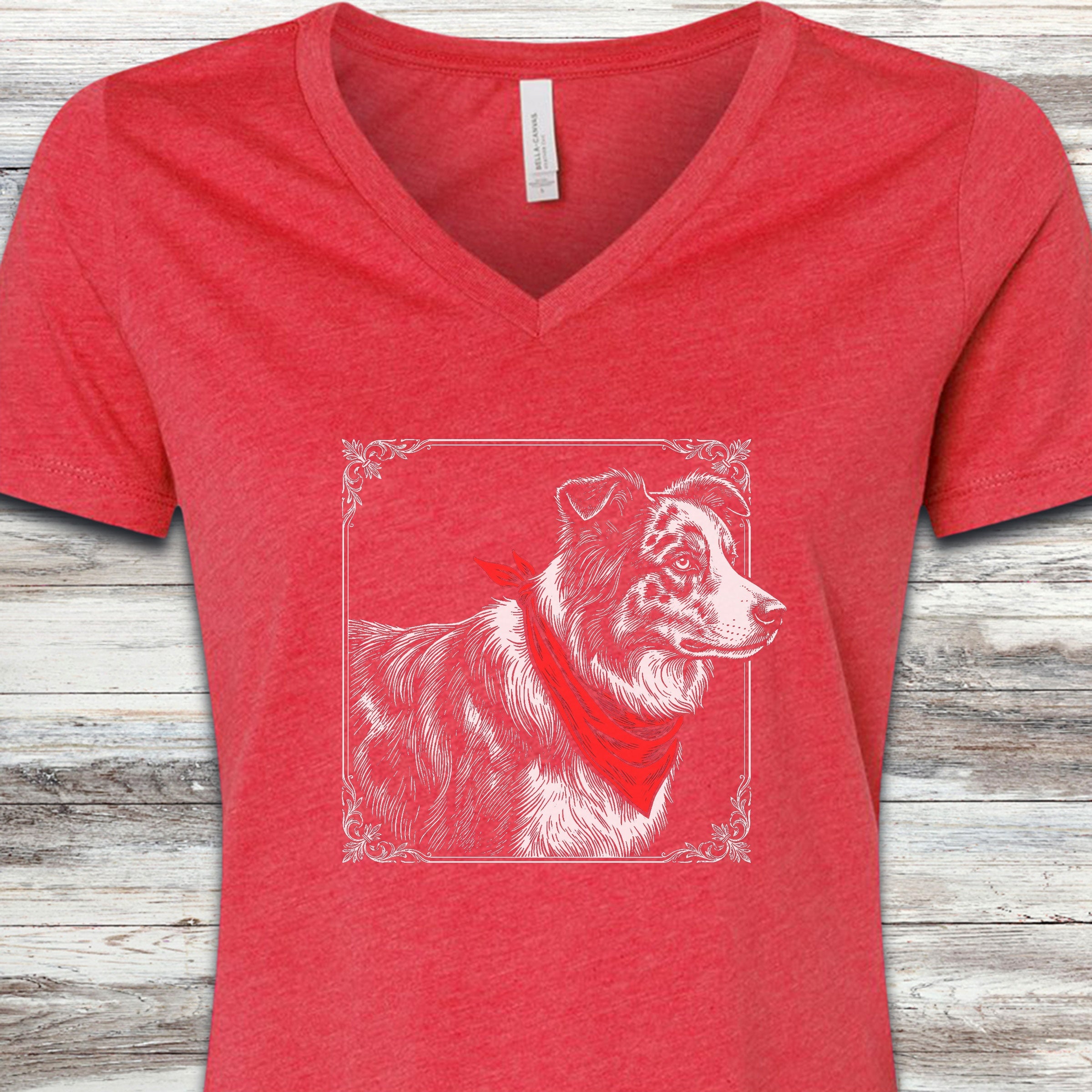 Australian Shepherd Etching V-Neck Tee - Heather Red