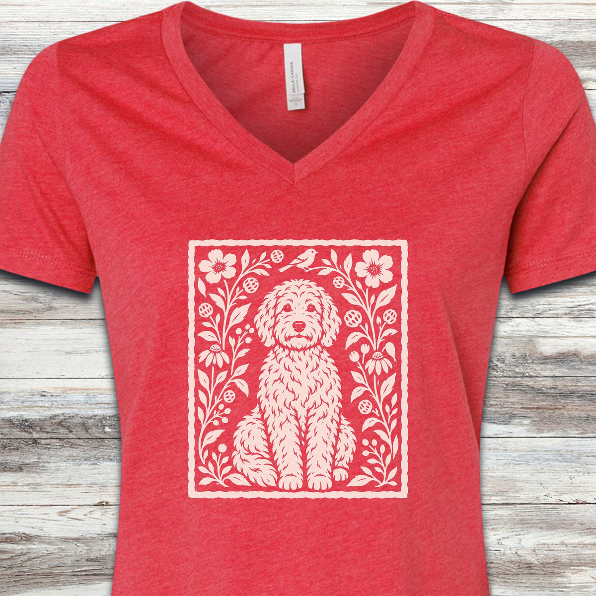 Doodle Folk Art Floral V-Neck Tee - Heather Red