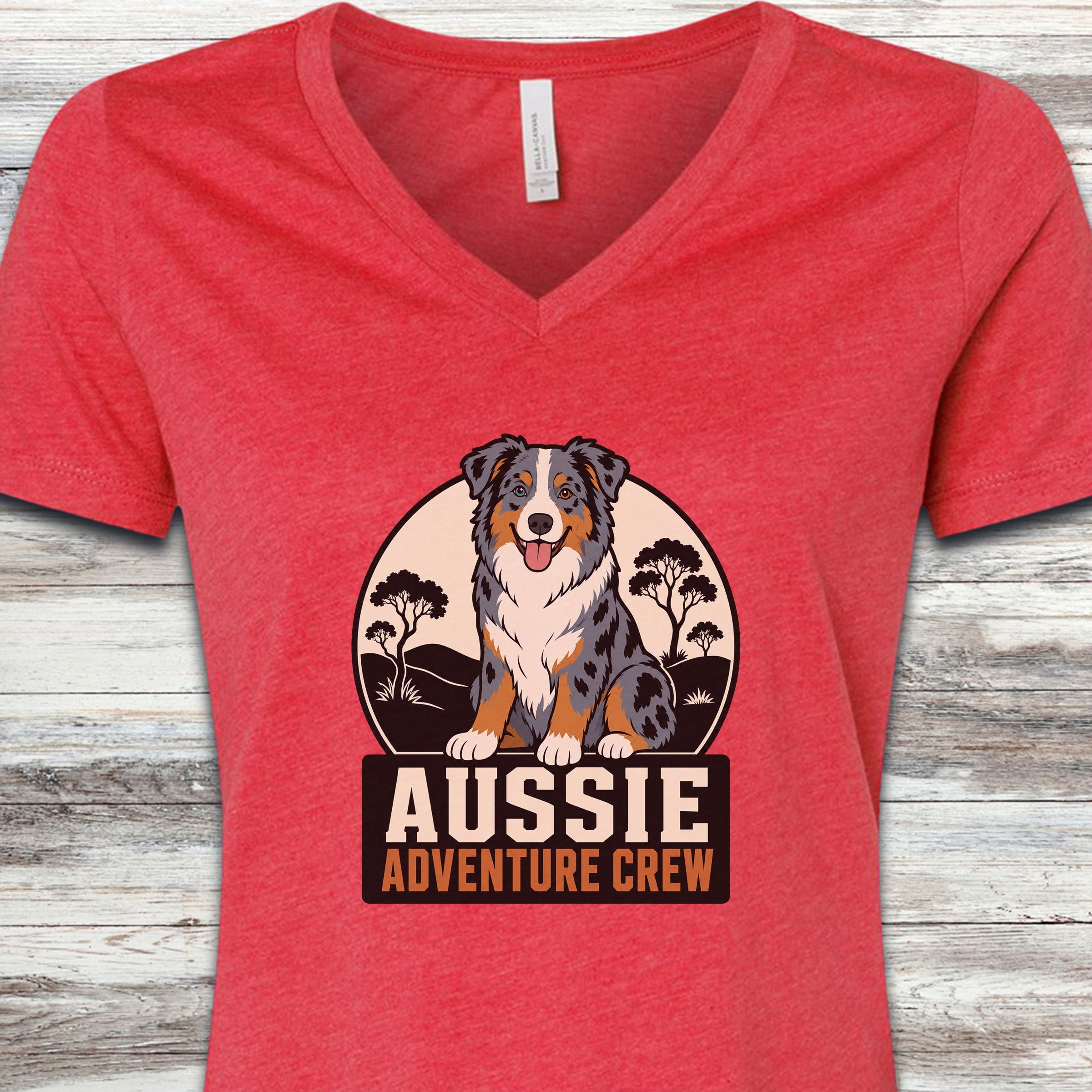 Australian Shepherd Adventure Crew V-Neck Tee - Heather Red