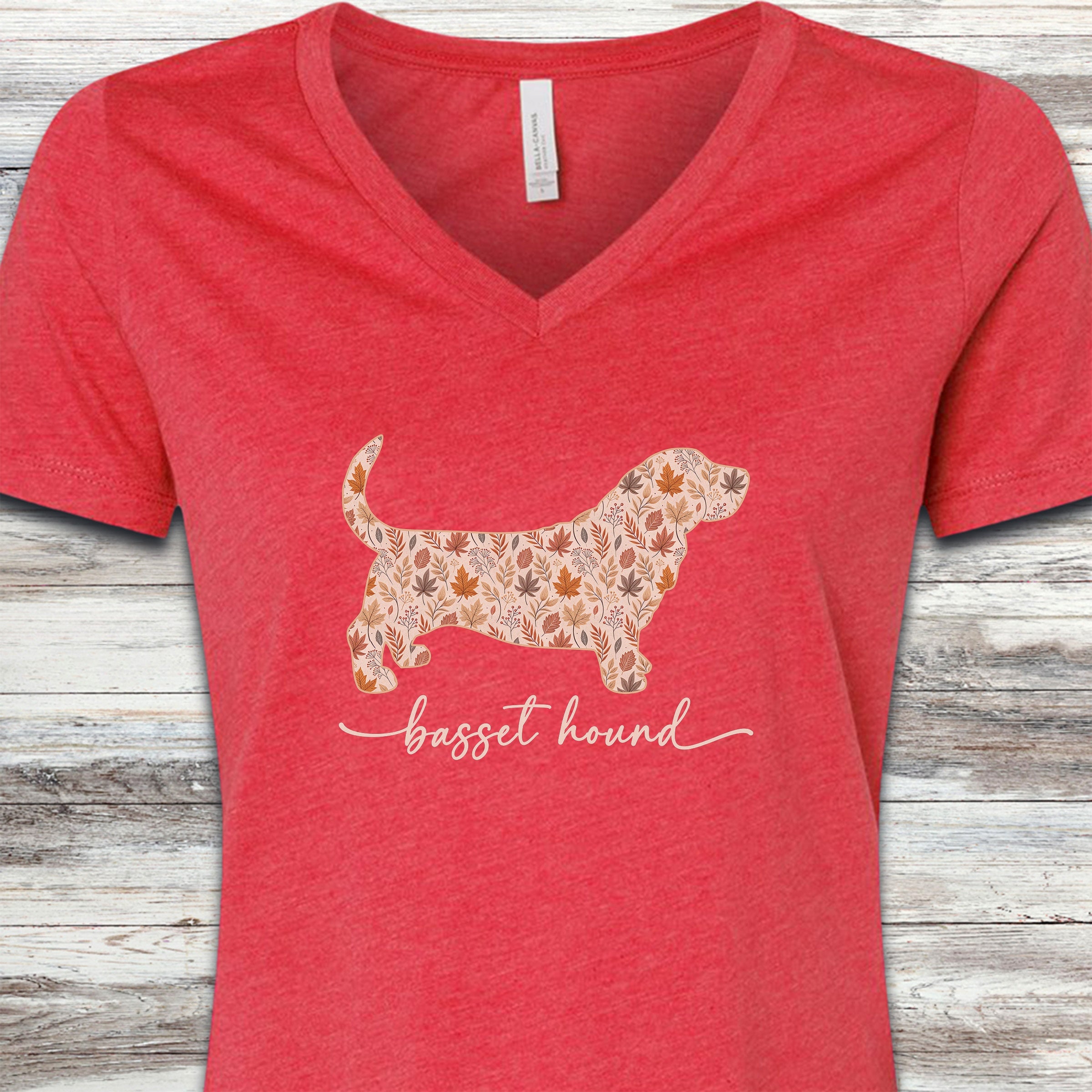 Basset Hound Fall V-Neck Tee - Heather Red