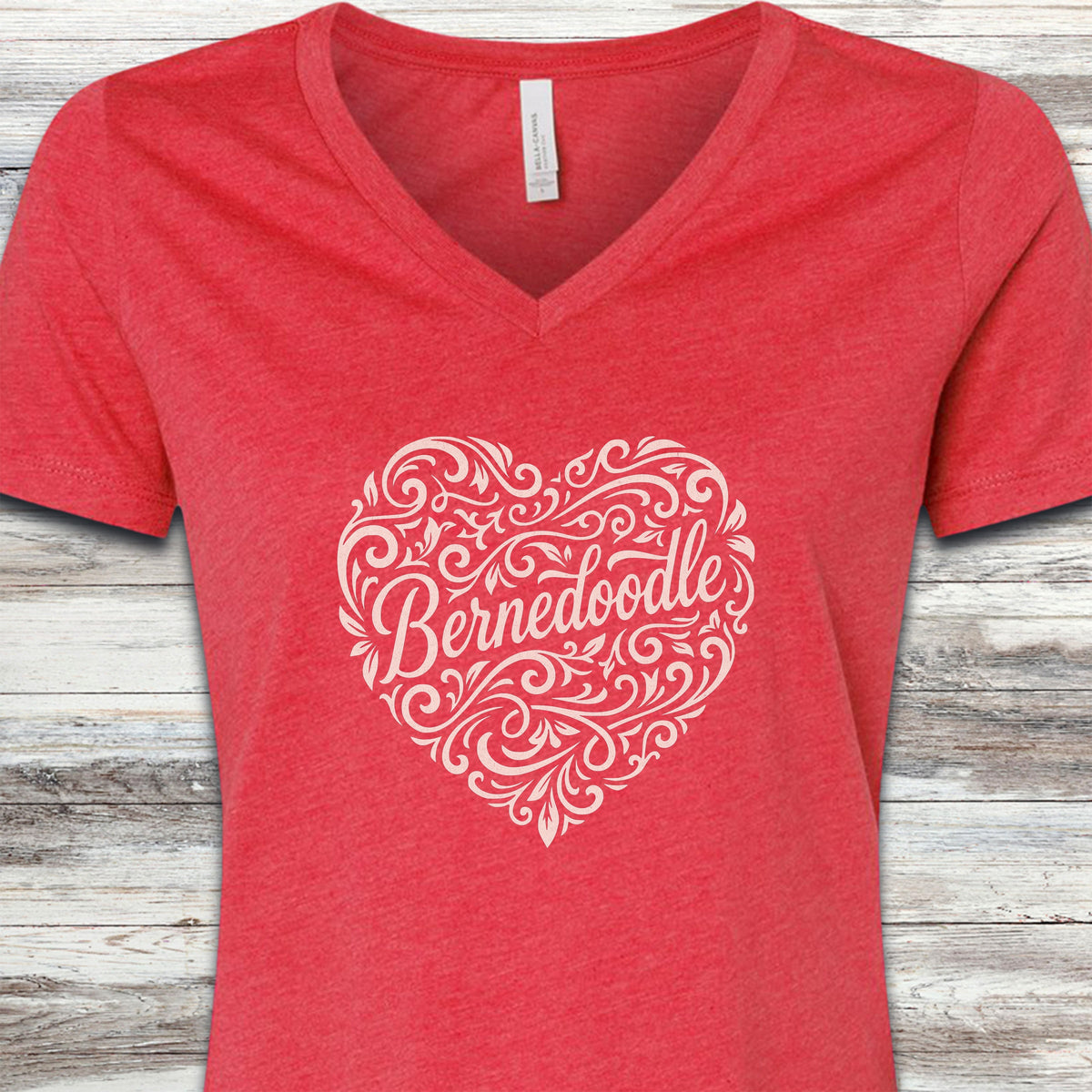 Bernedoodle Heart Script V-Neck Tee - Heather Red
