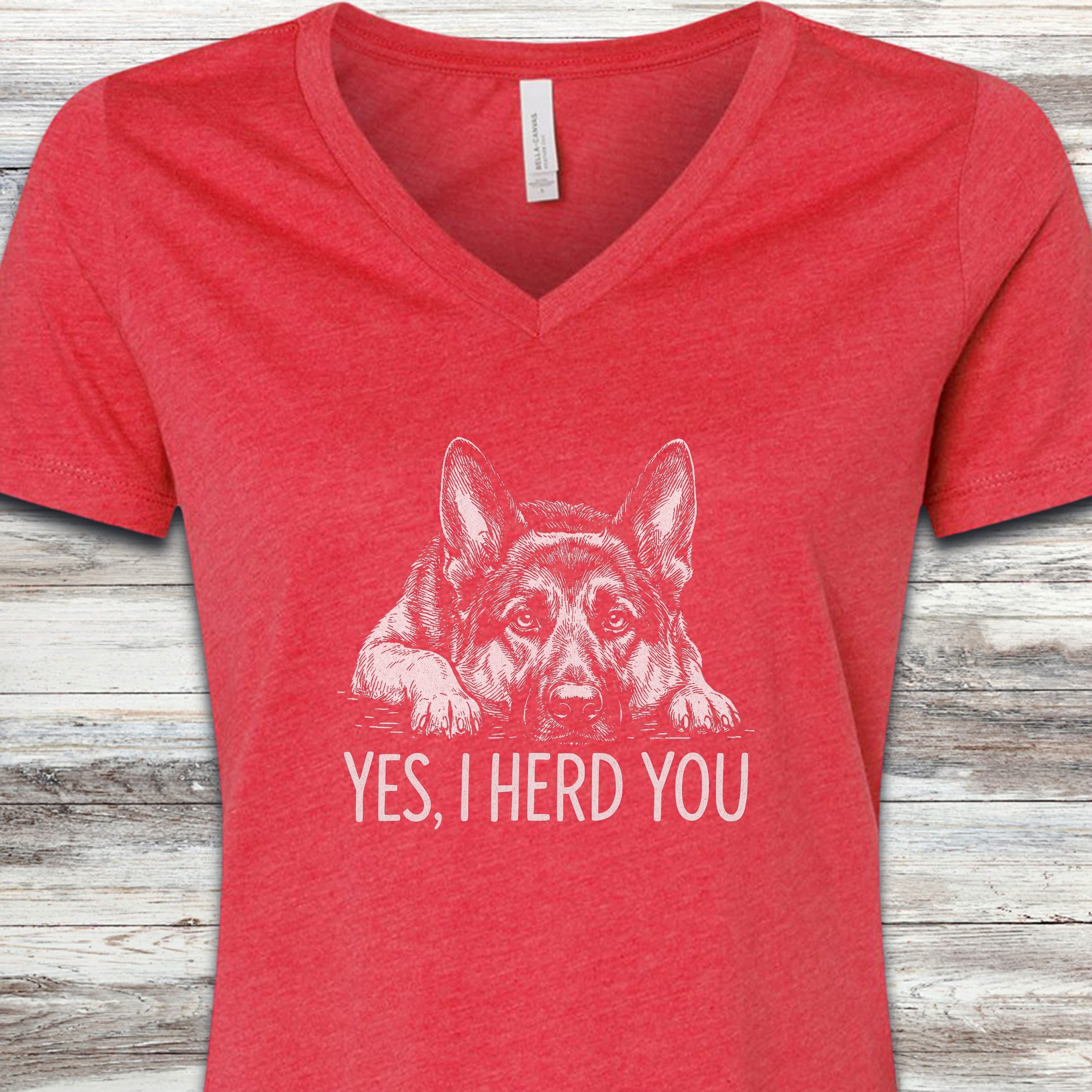 German Shepherd Herd You V-Neck Tee - Heather Red