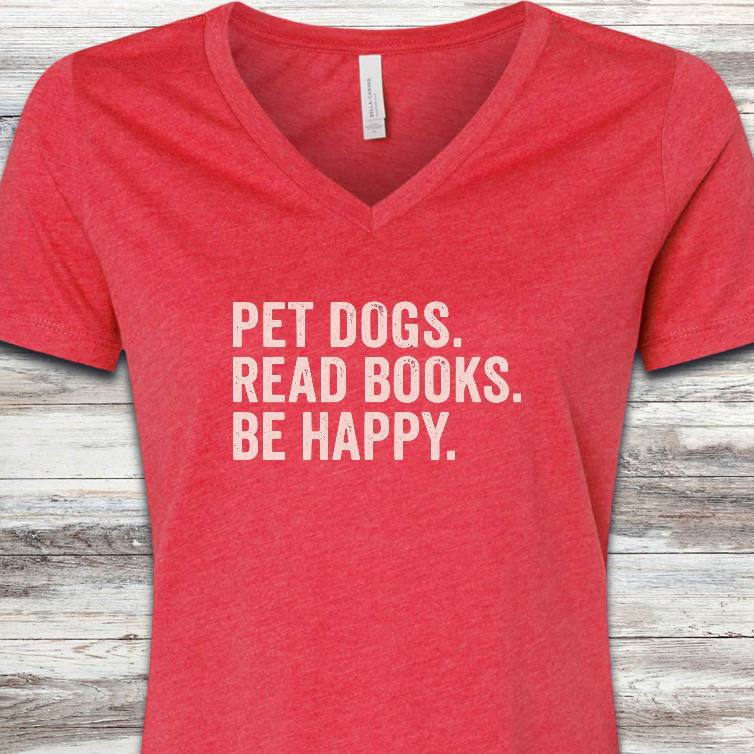 Dogs Books Happy V-Neck Tee - Heather Red