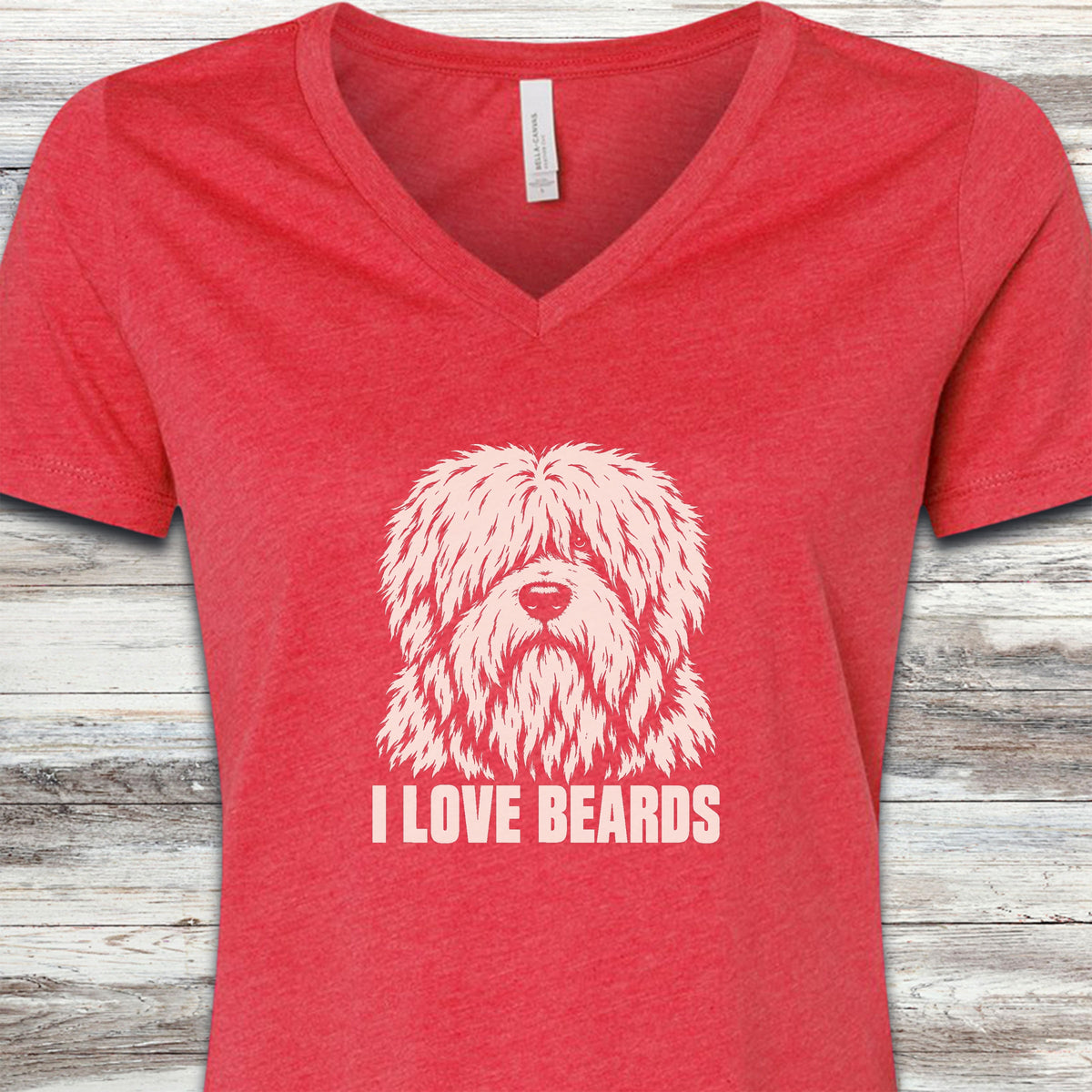 Old English Sheepdog I Love Beards V-Neck Tee - Heather Red