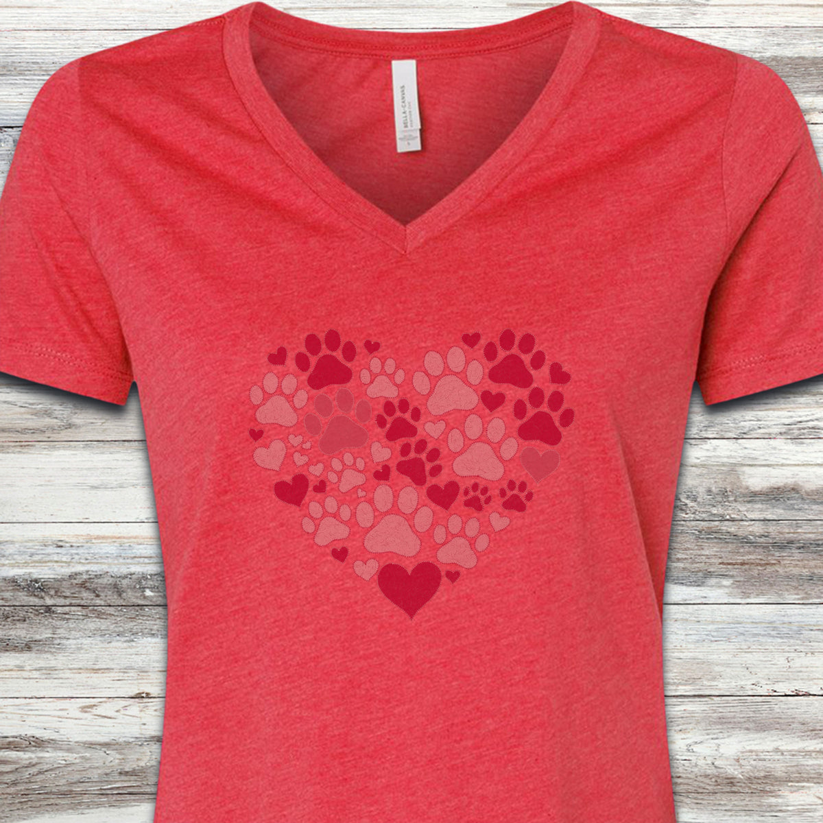 Heart & Paw V-Neck Tee - Heather Red