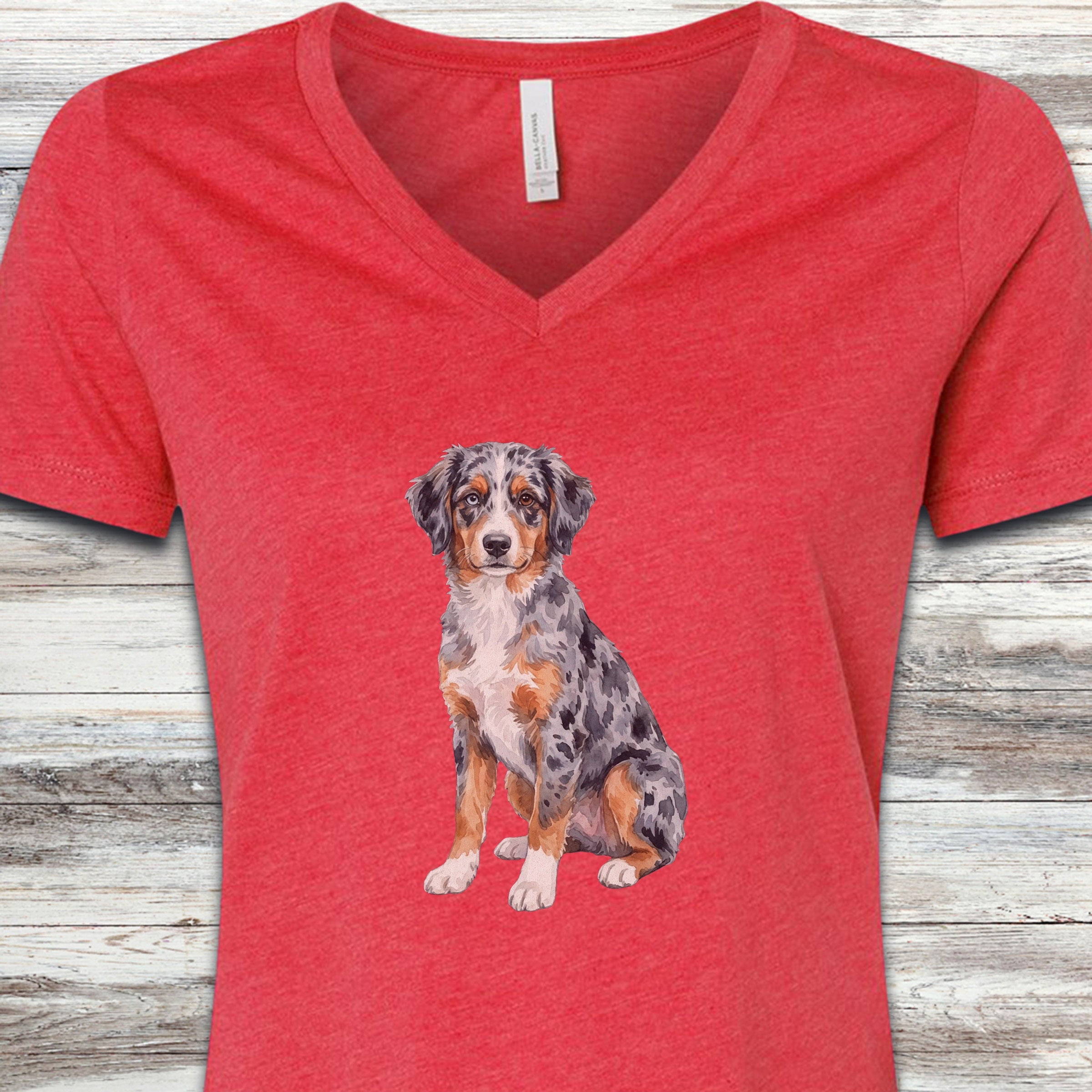 Australian Shepherd Puppy Watercolor V-Neck Tee - Heather Red