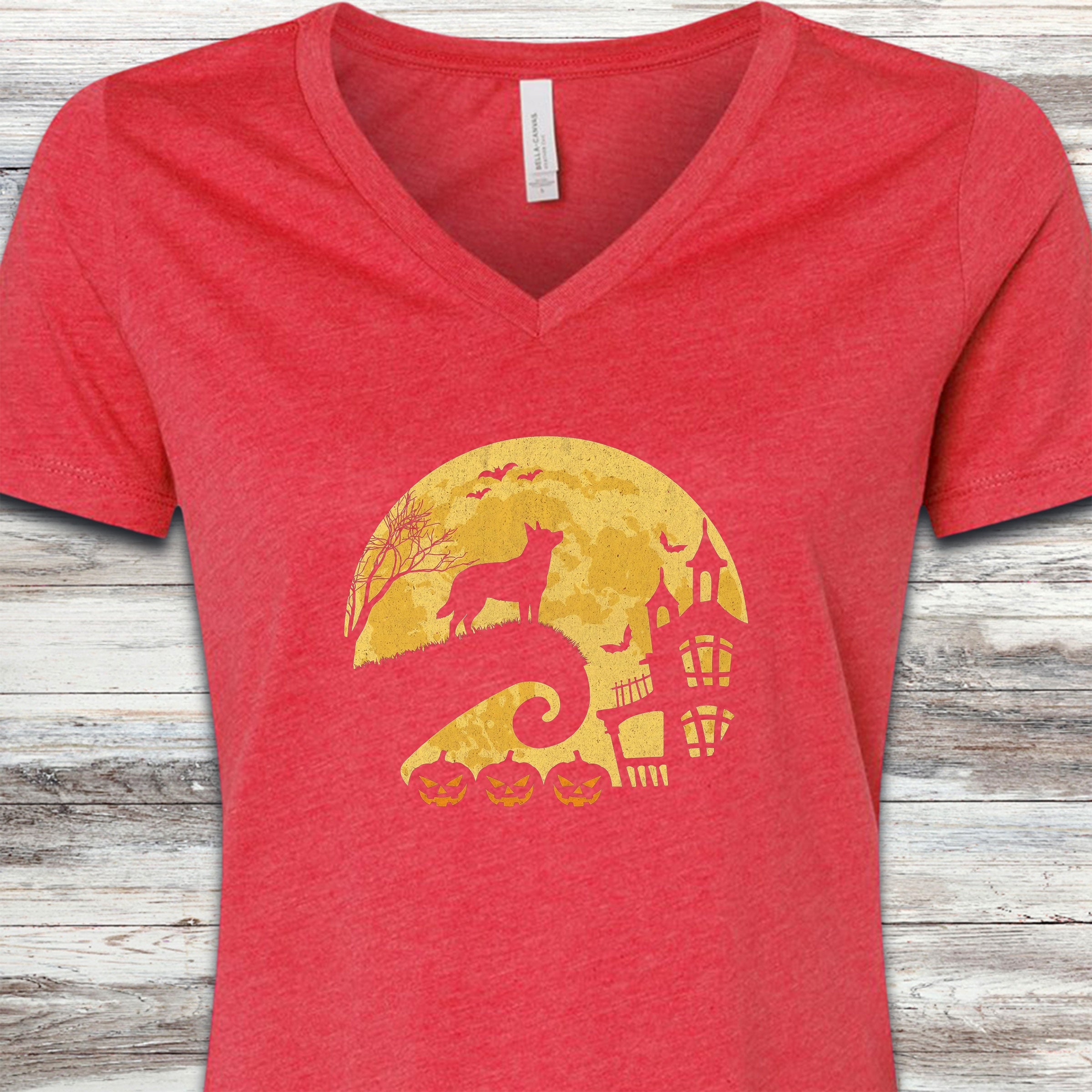 Australian Cattle Dog Halloween Moon V-Neck Tee - Heather Red