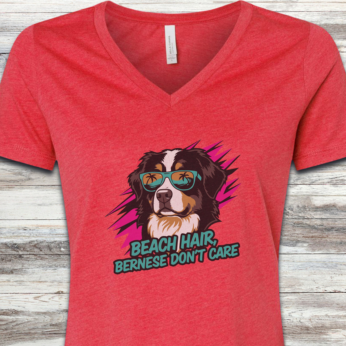 Bernese Mountain Dog Beach Hair V-Neck Tee - Heather Red
