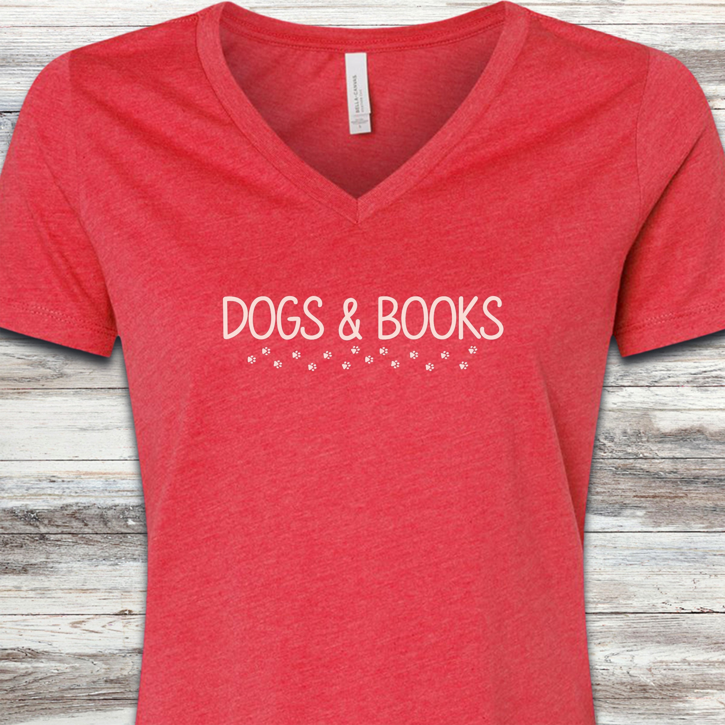 Dogs & Books Paw Prints V-Neck Tee - Heather Red