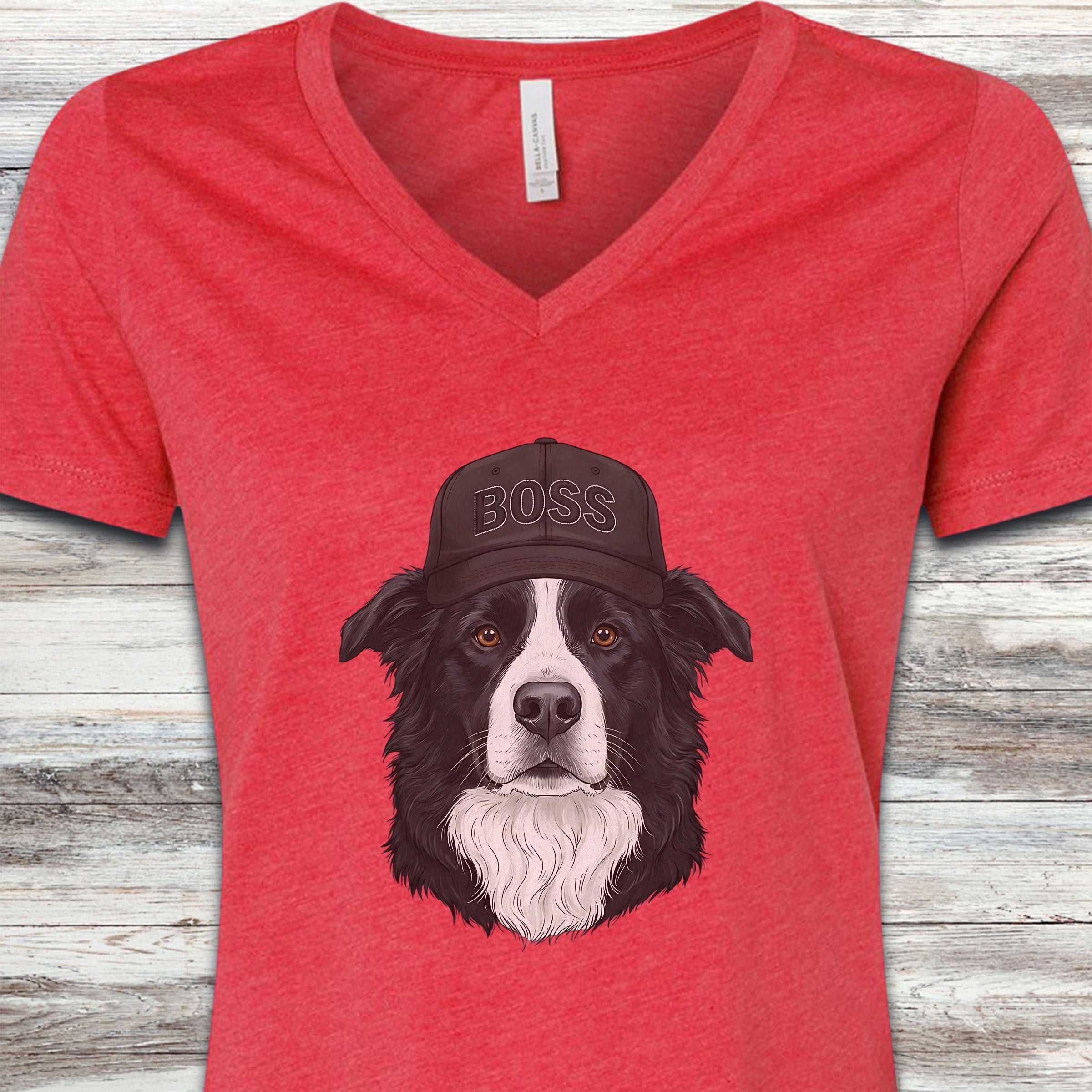 Border Collie Boss Hat V-Neck Tee - Heather Red