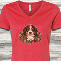 Bernedoodle Winter Greenery Faux Embroidery V-Neck Tee - Heather Red