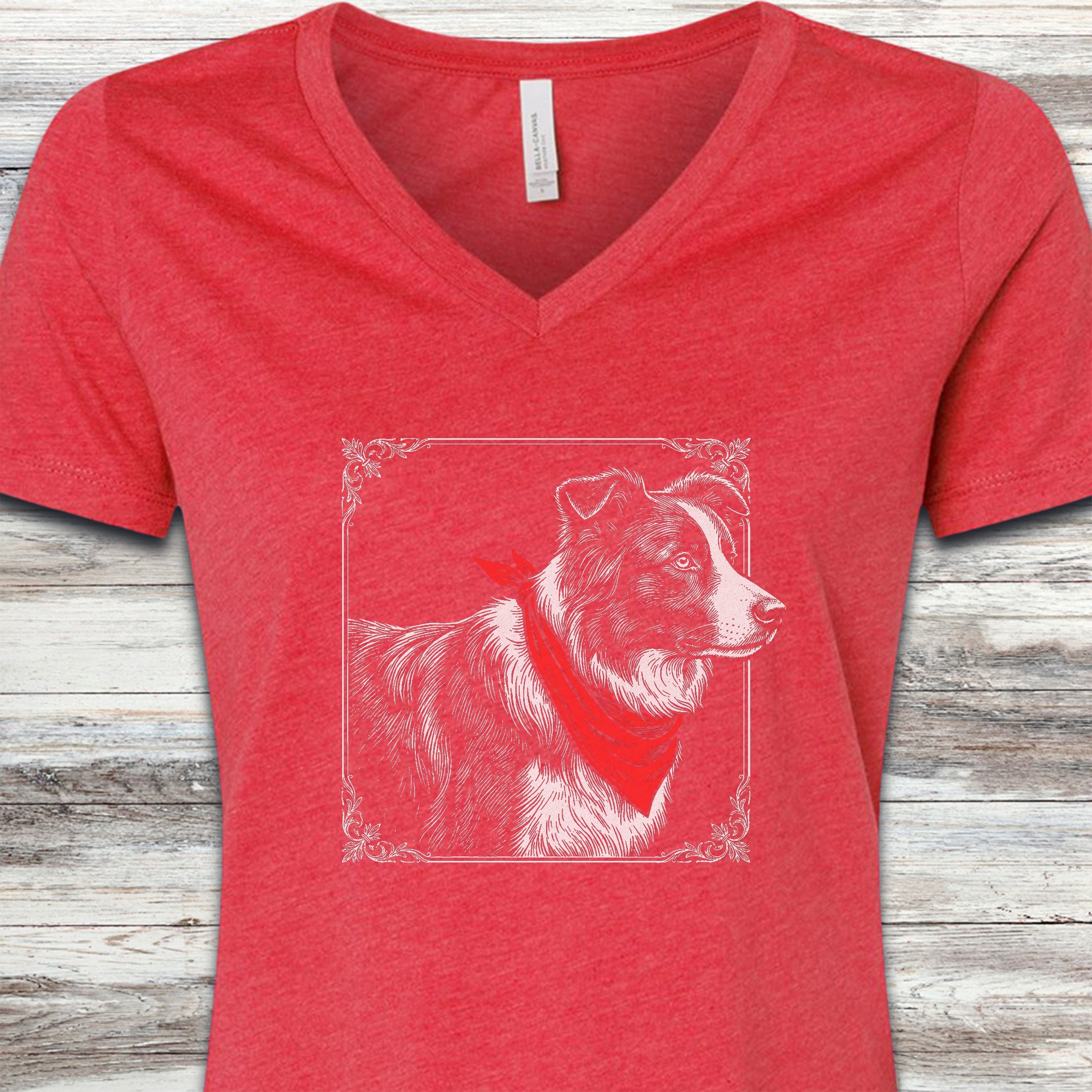 Border Collie Etching V-Neck Tee - Heather Red