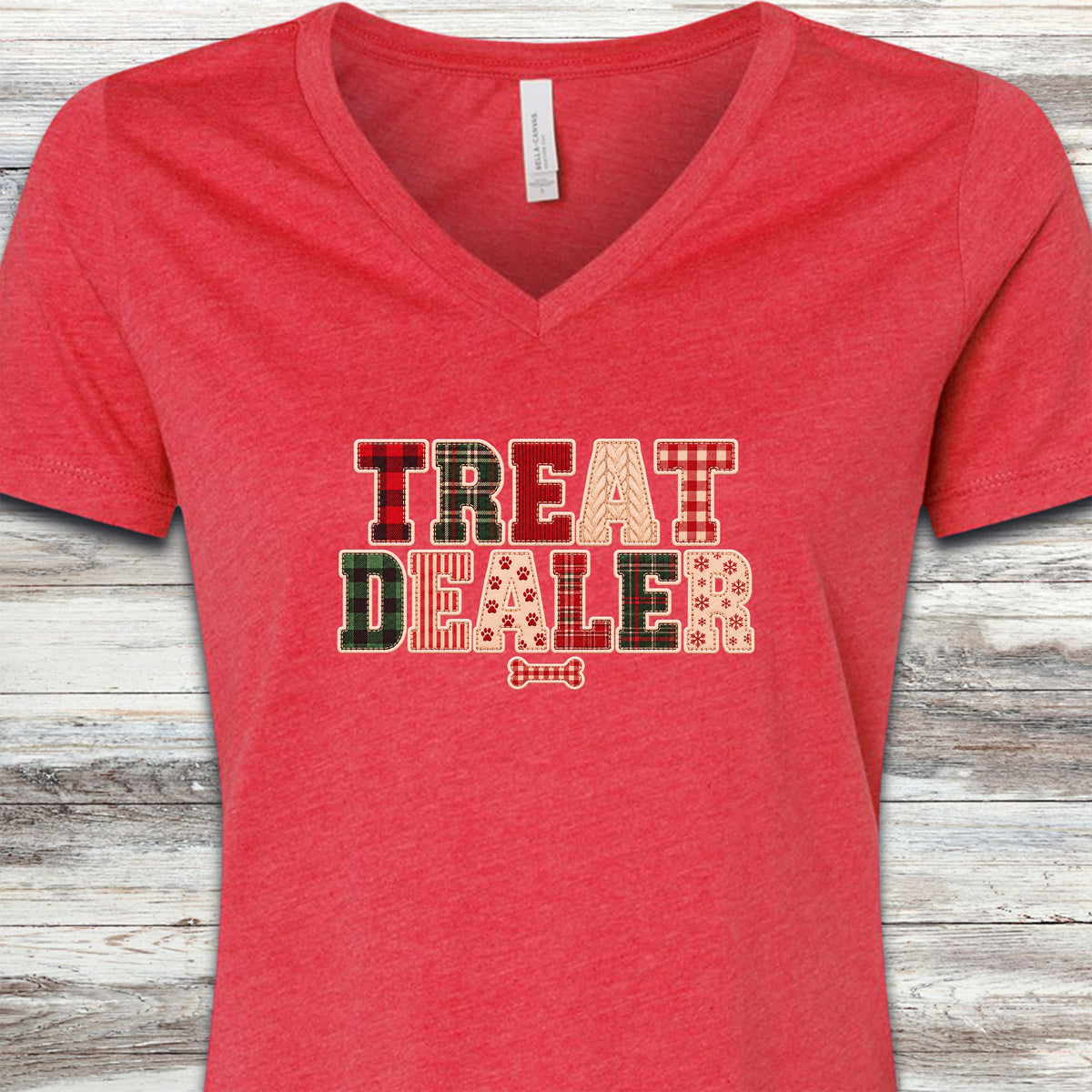 Treat Dealer Holiday Faux Patchwork V-Neck Tee - Heather Red
