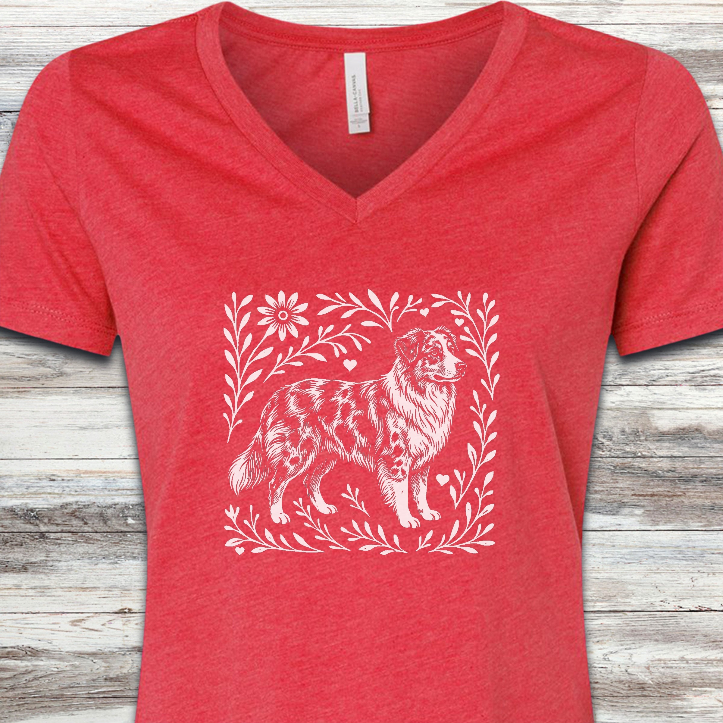 Australian Shepherd Merle Linocut V-Neck Tee - Heather Red