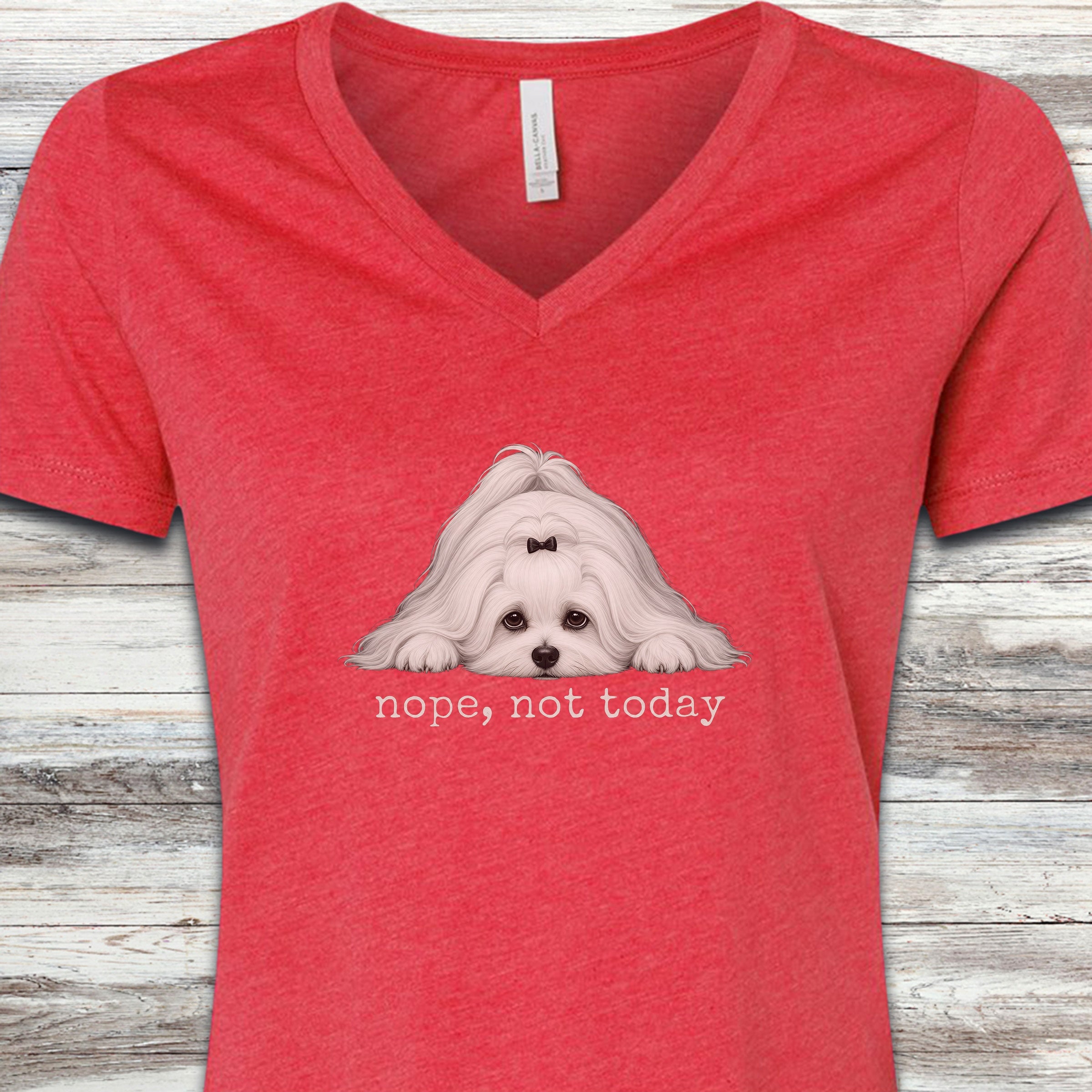 Maltese Nope V-Neck Tee - Heather Red