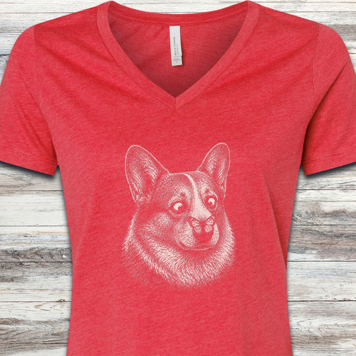 Corgi Butterfly V-Neck Tee - Heather Red
