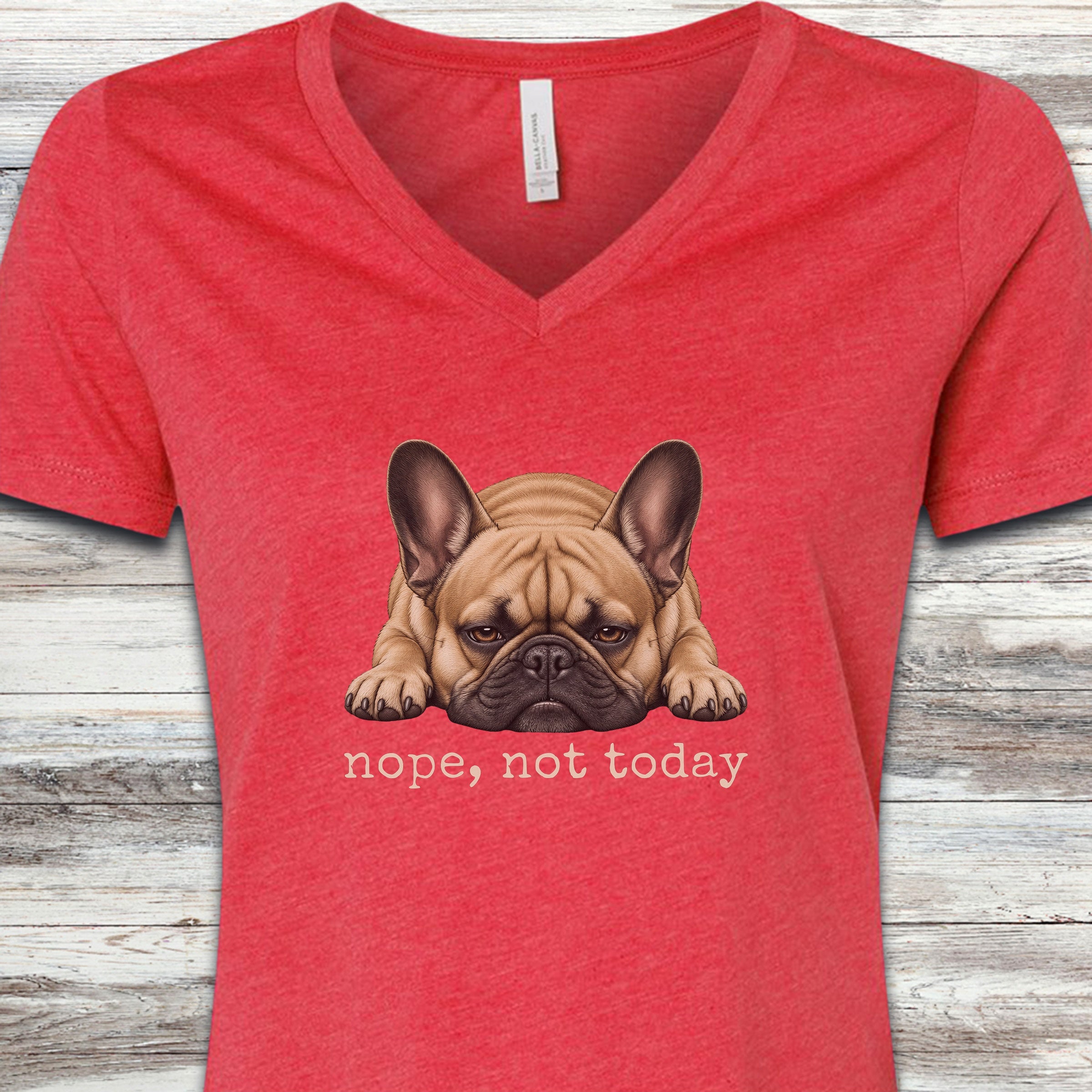 French Bulldog Nope V-Neck Tee - Heather Red