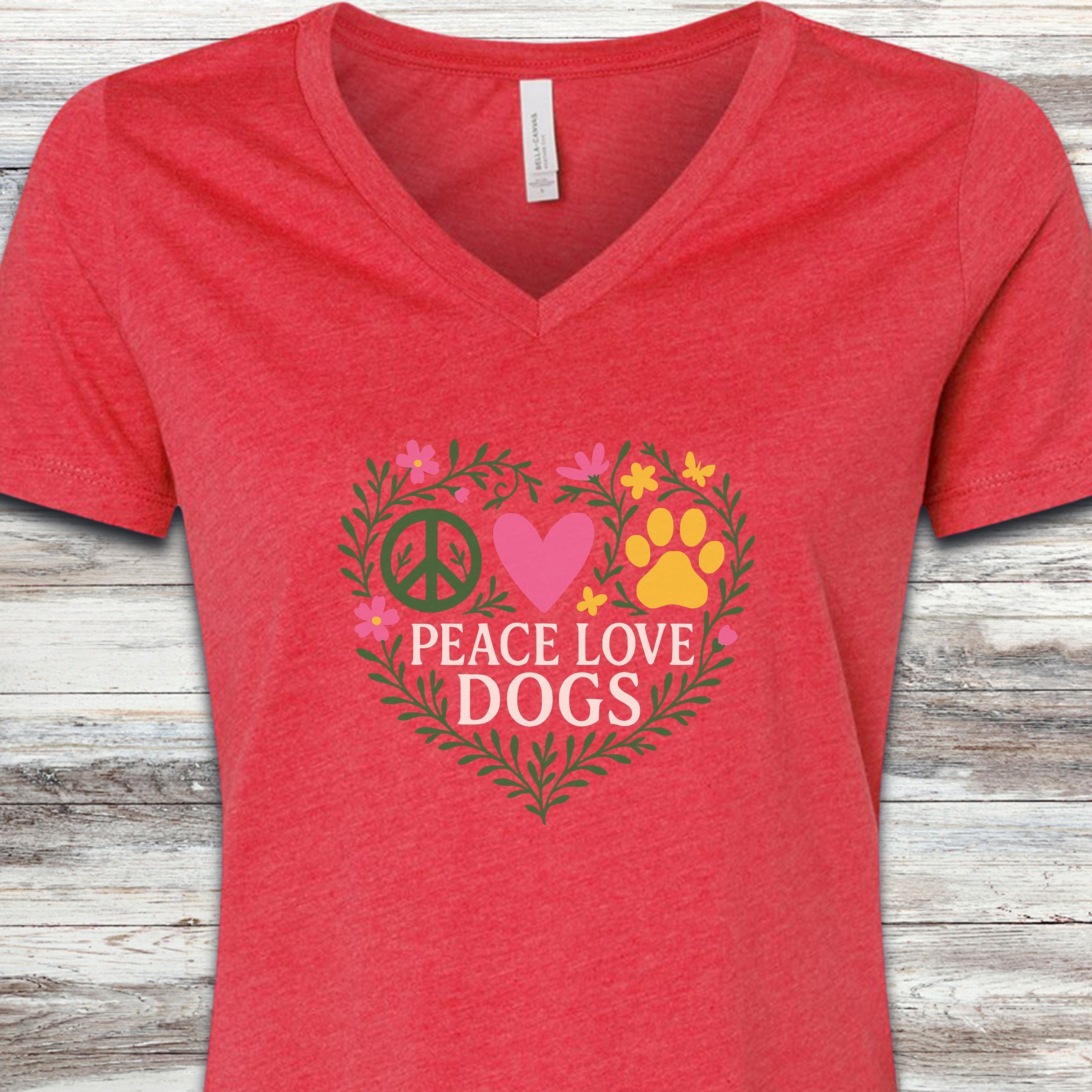 Peace Love Dogs Floral V-Neck Tee - Heather Red