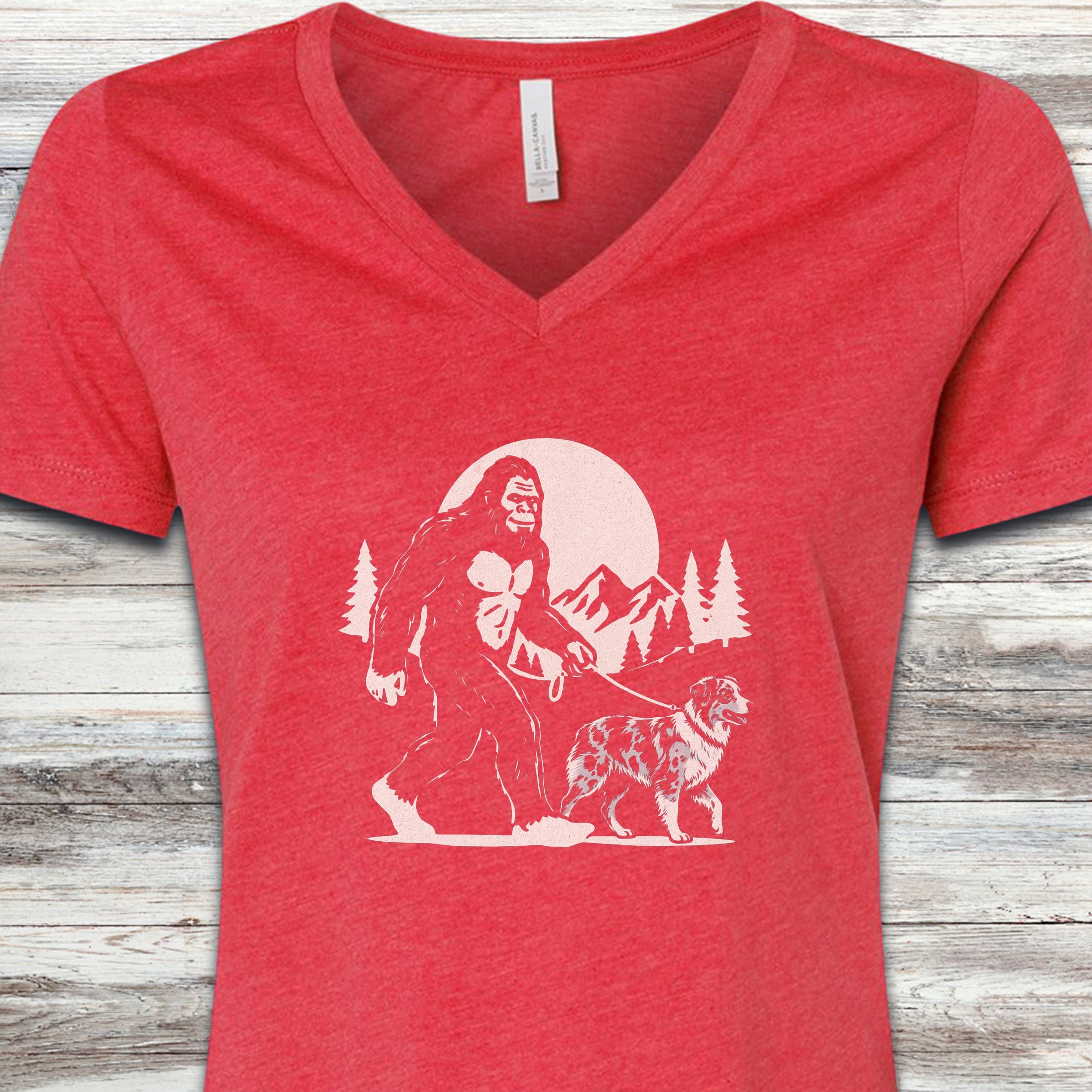 Australian Shepherd Merle Bigfoot V-Neck Tee - Heather Red