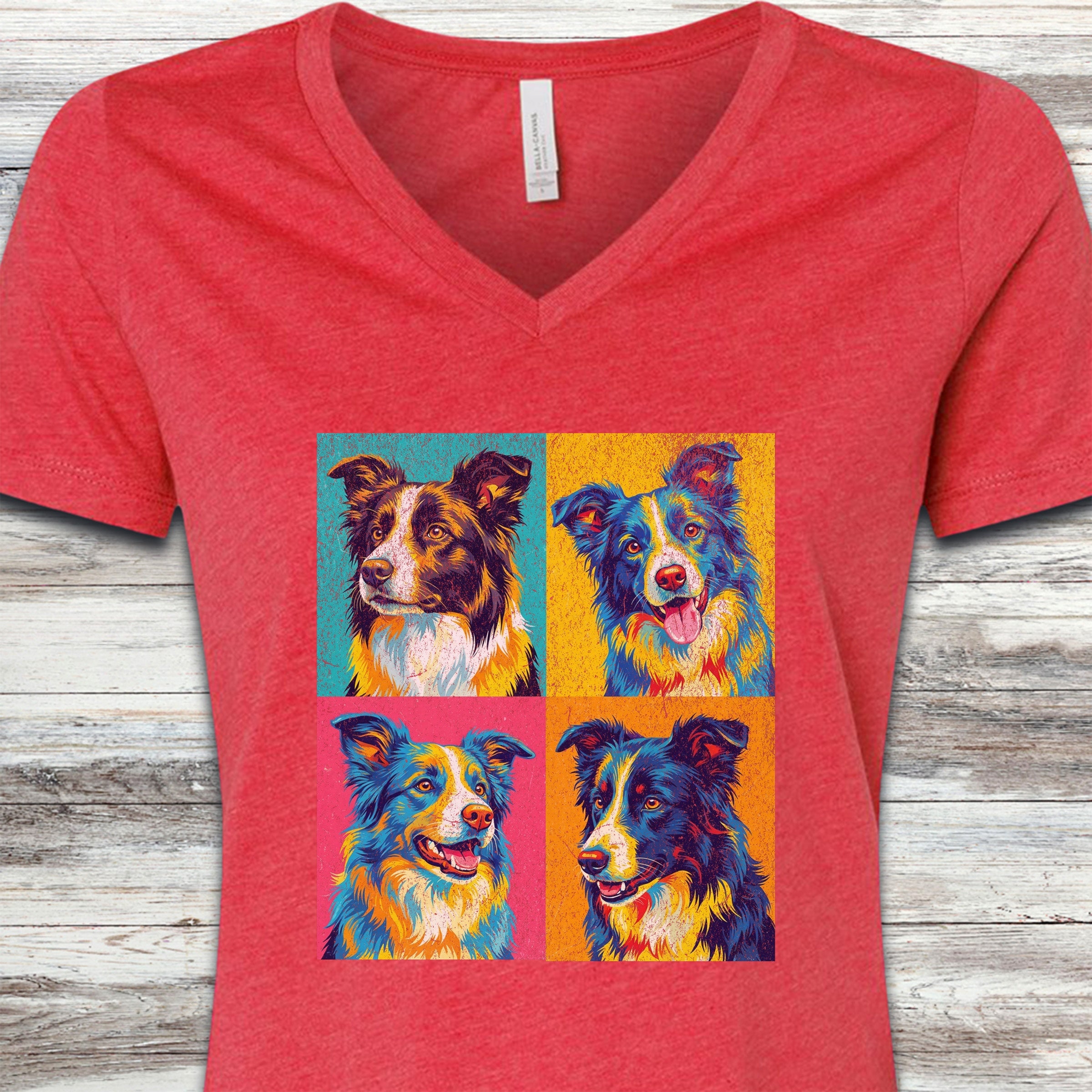 Border Collie Pop Art V-Neck Tee - Heather Red