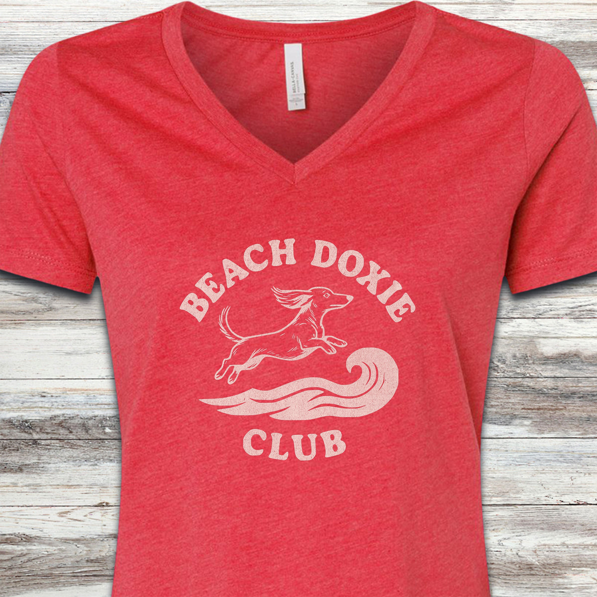 Dachshund Beach Doxie V-Neck Tee - Heather Red