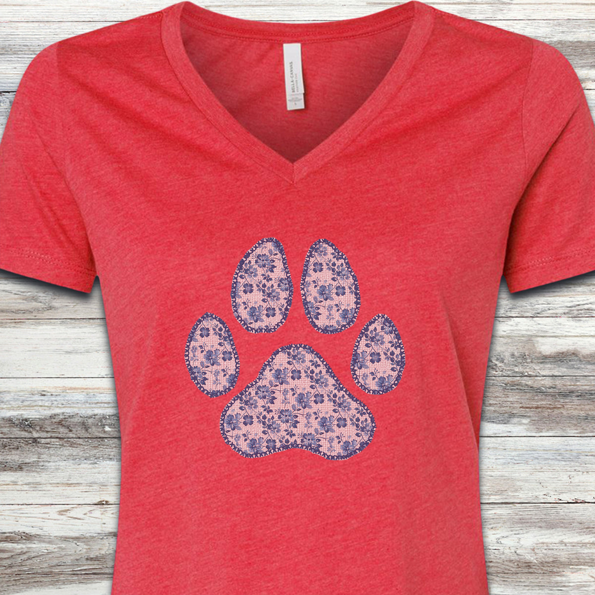 Blue Floral Paw Print V-Neck Tee - Heather Red