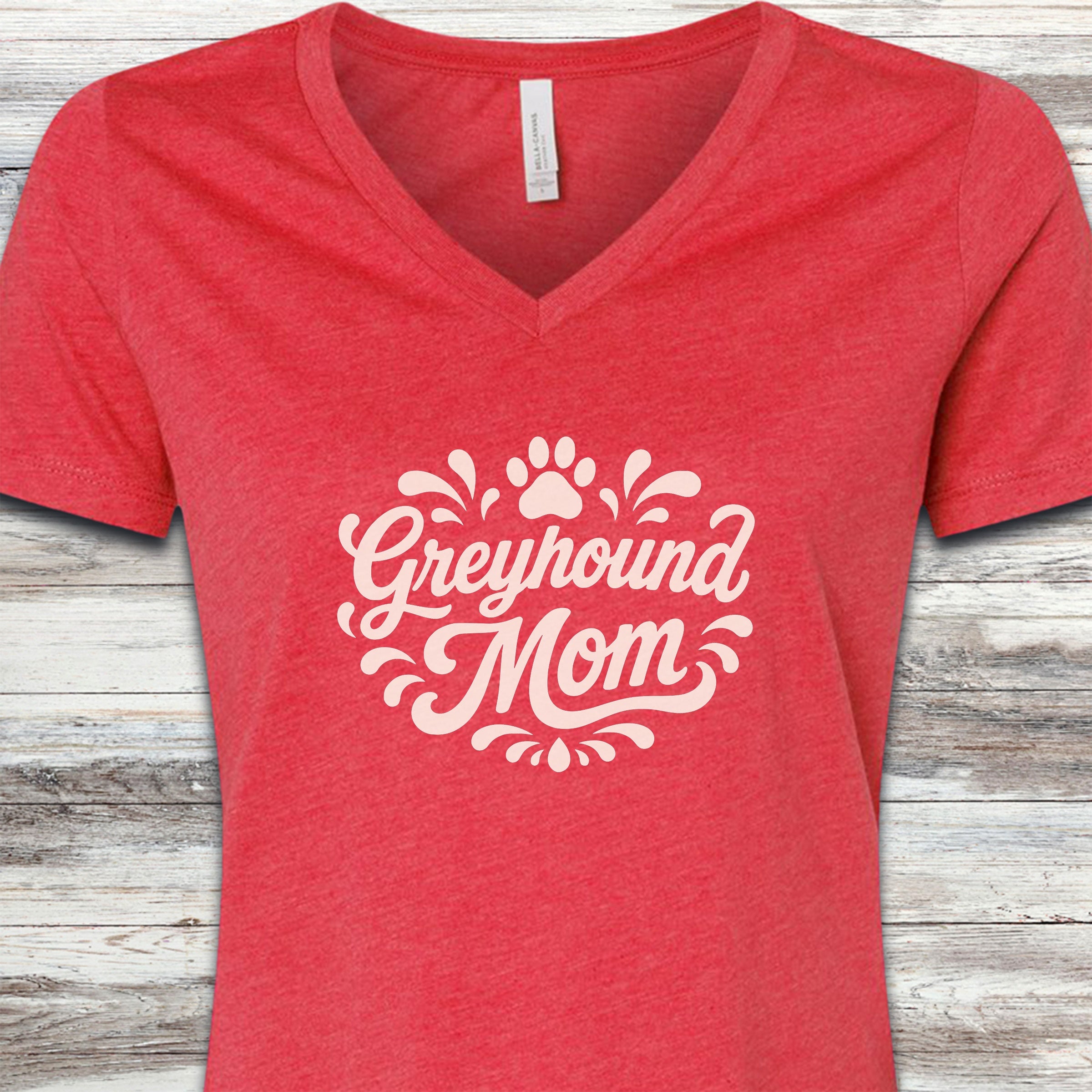 Greyhound Groovy Mom V-Neck Tee - Heather Red