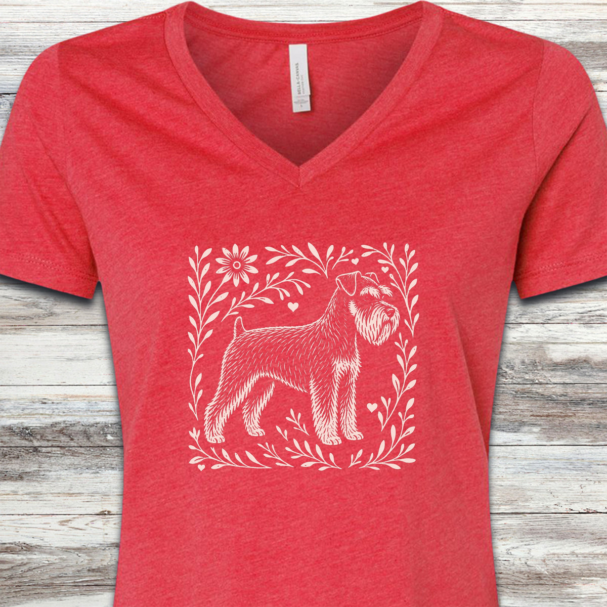 Schnauzer Linocut V-Neck Tee - Heather Red