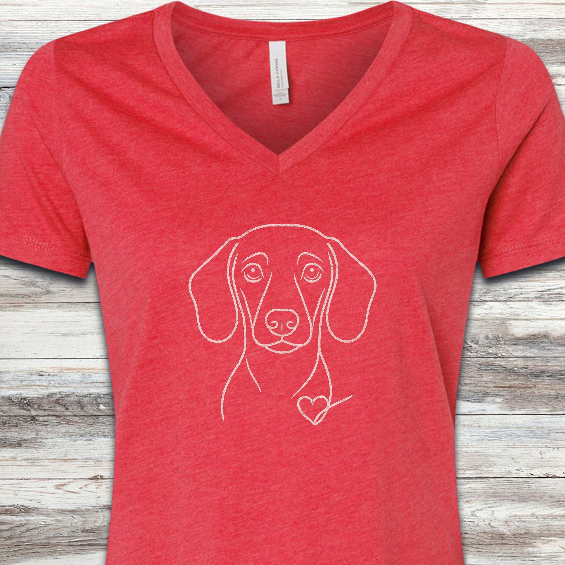 Dachshund Line Art Love V-Neck Tee - Heather Red