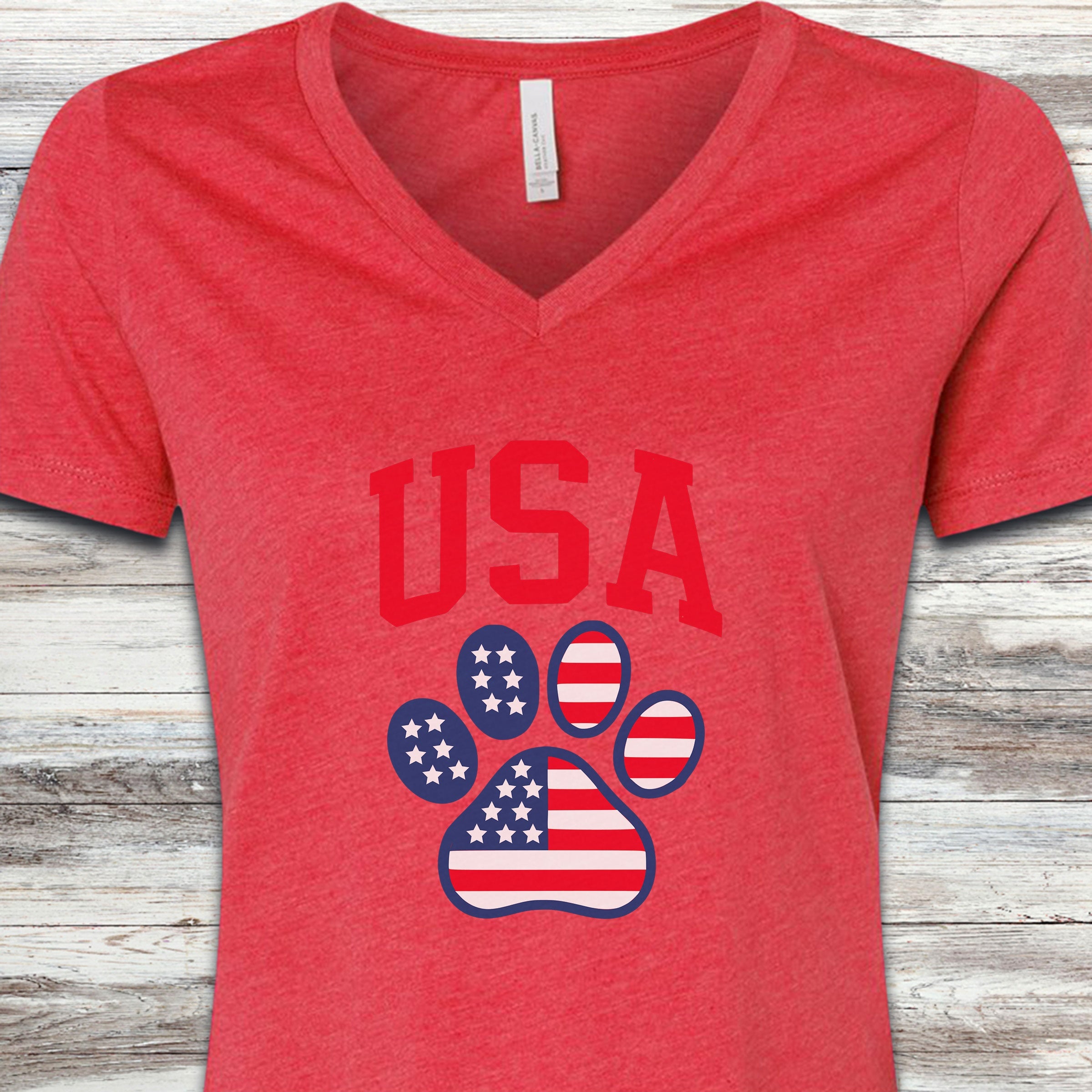 USA Paw Print V-Neck Tee - Heather Red