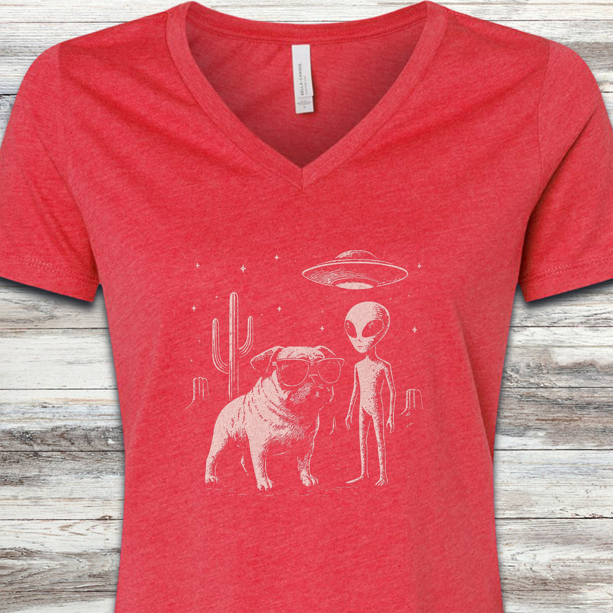 Pug Alien Encounter V-Neck Tee - Heather Red