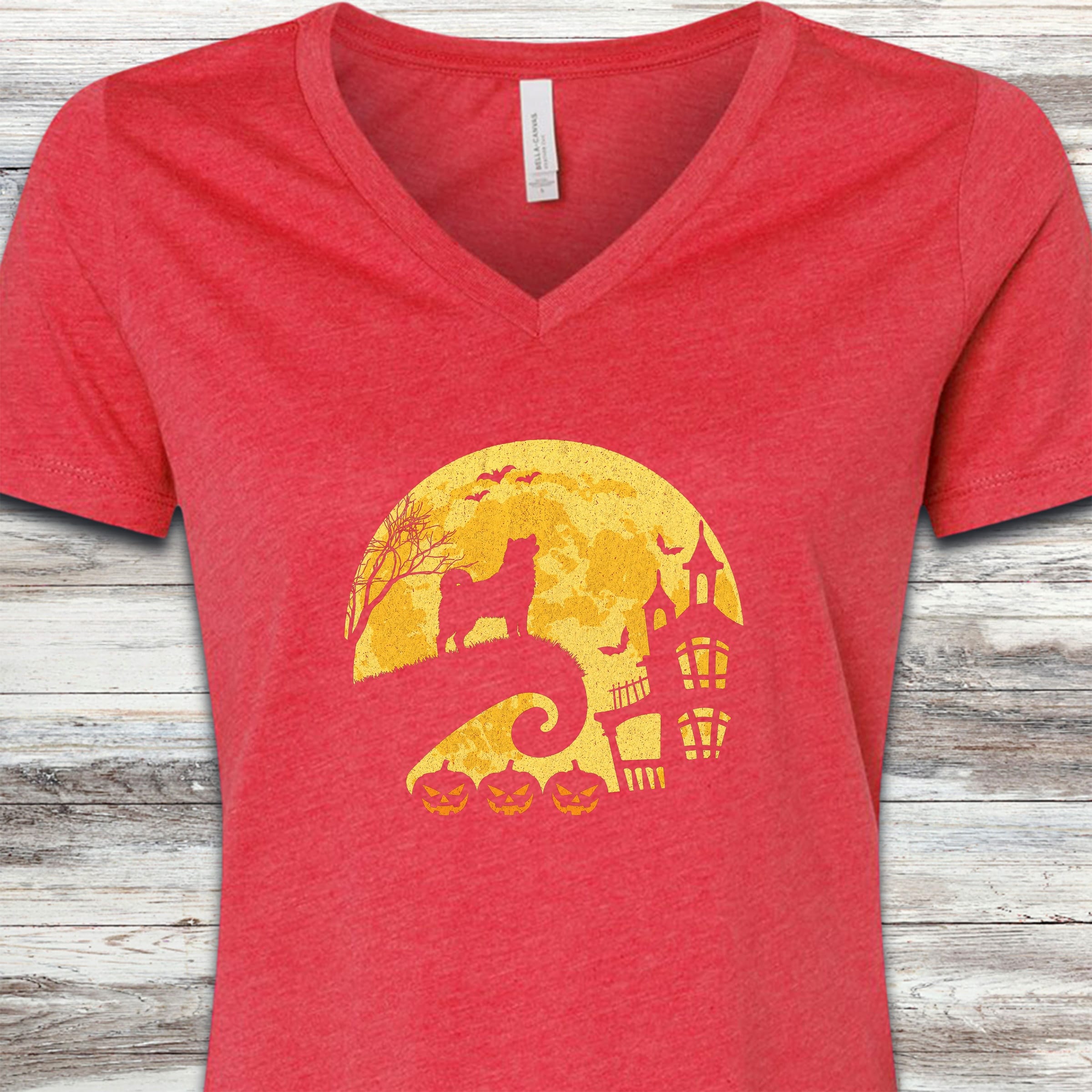 Akita Halloween Moon V-Neck Tee - Heather Red