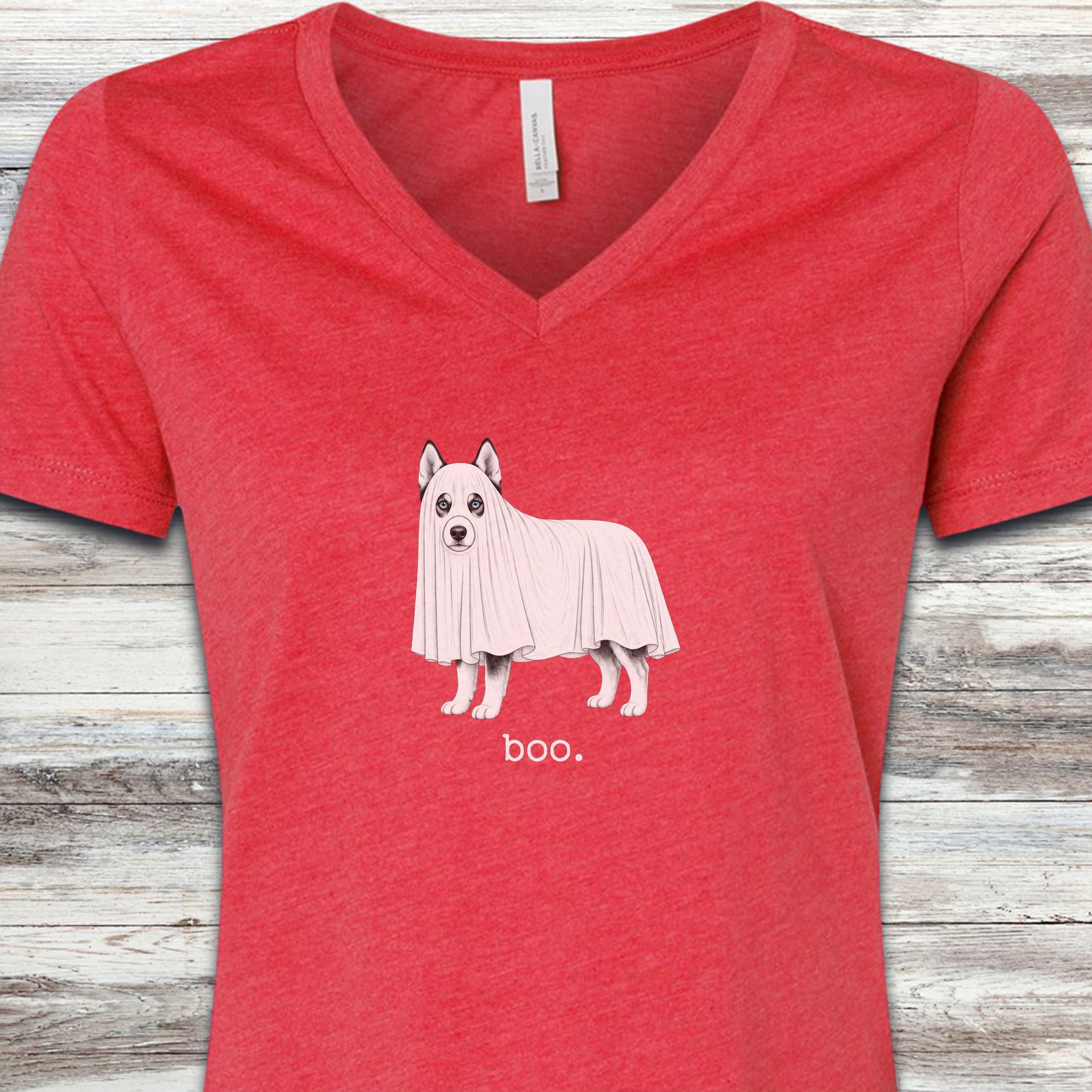 Siberian Husky Boo V-Neck Tee - Heather Red