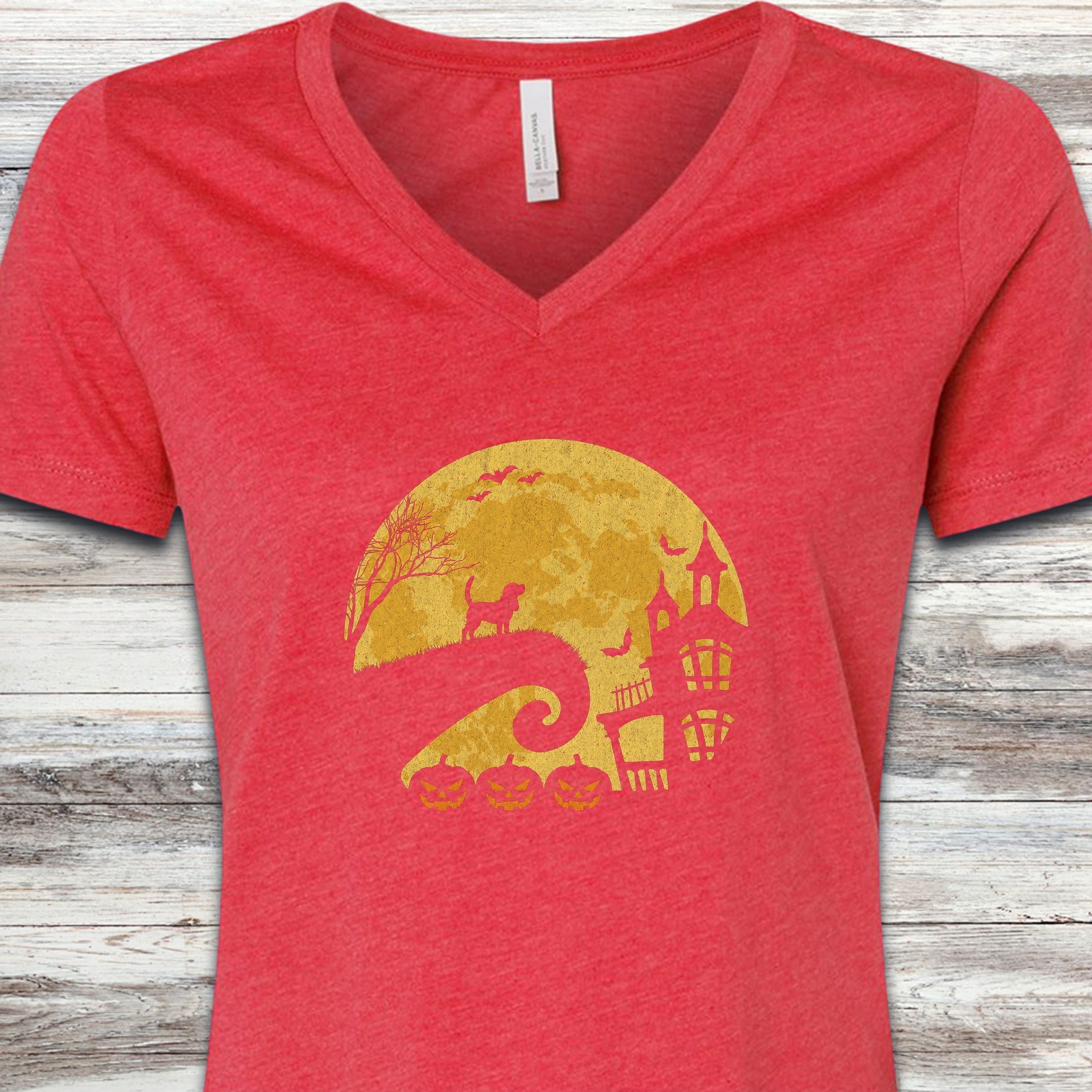 Beagle Halloween Moon V-Neck Tee - Heather Red