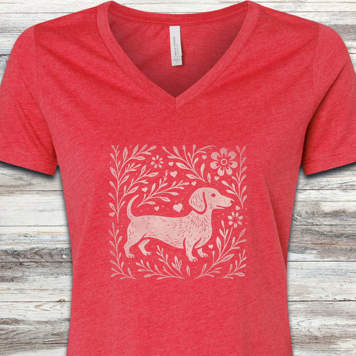 Dachshund Linocut V-Neck Tee - Heather Red
