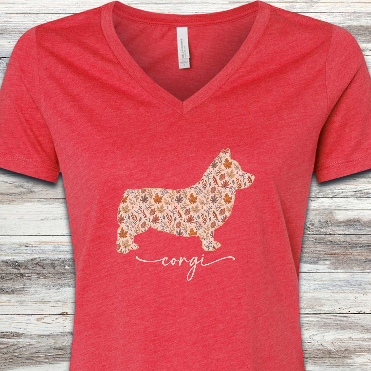 Corgi Fall V-Neck Tee - Heather Red