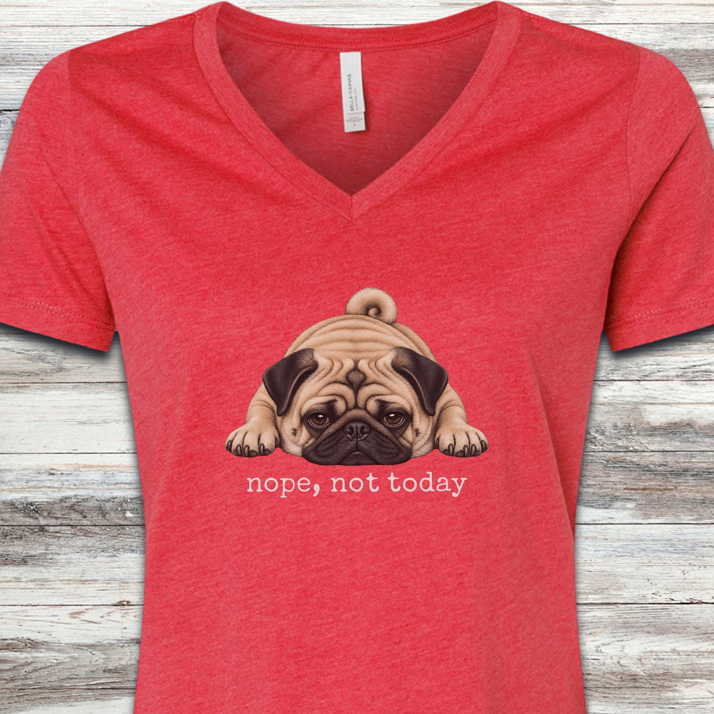 Pug Nope V-Neck Tee - Heather Red