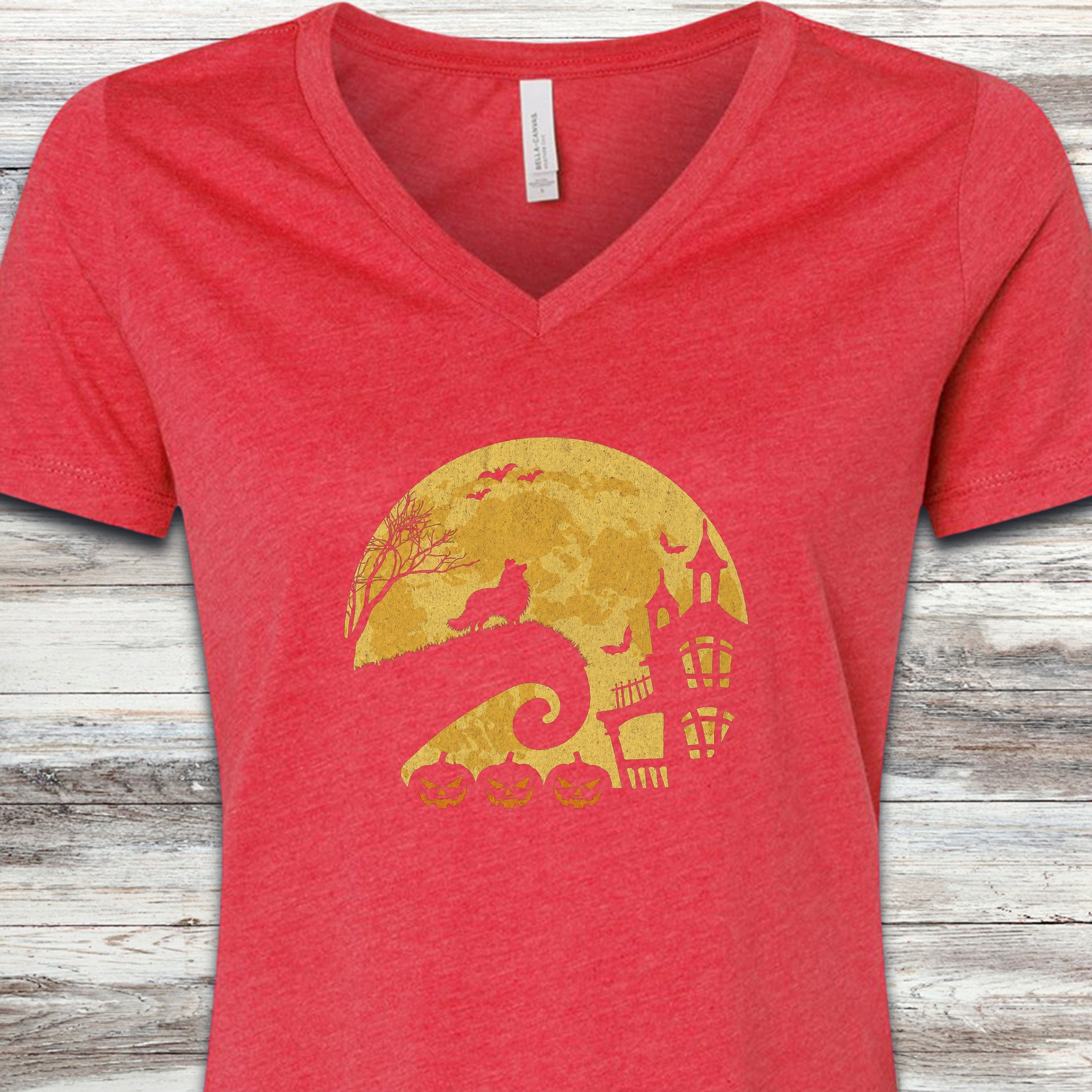 Shetland Sheepdog Halloween Moon V-Neck Tee - Heather Red