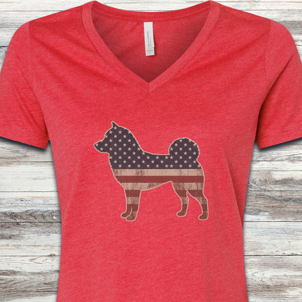 Shiba Inu Vintage USA V-Neck Tee - Heather Red