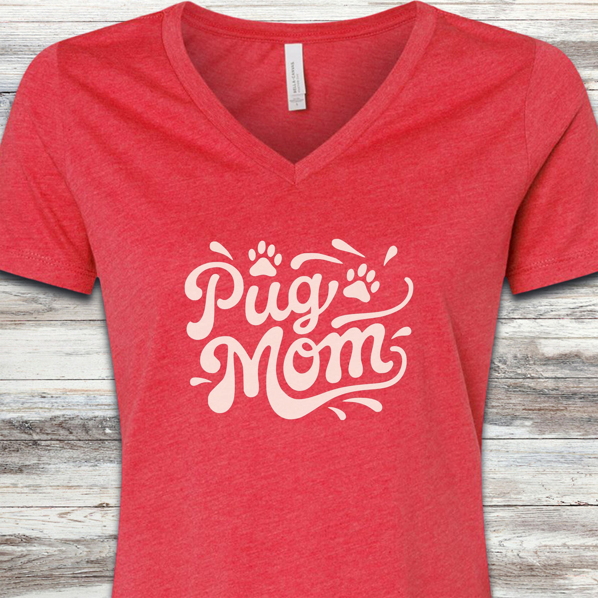 Pug Groovy Mom V-Neck Tee - Heather Red