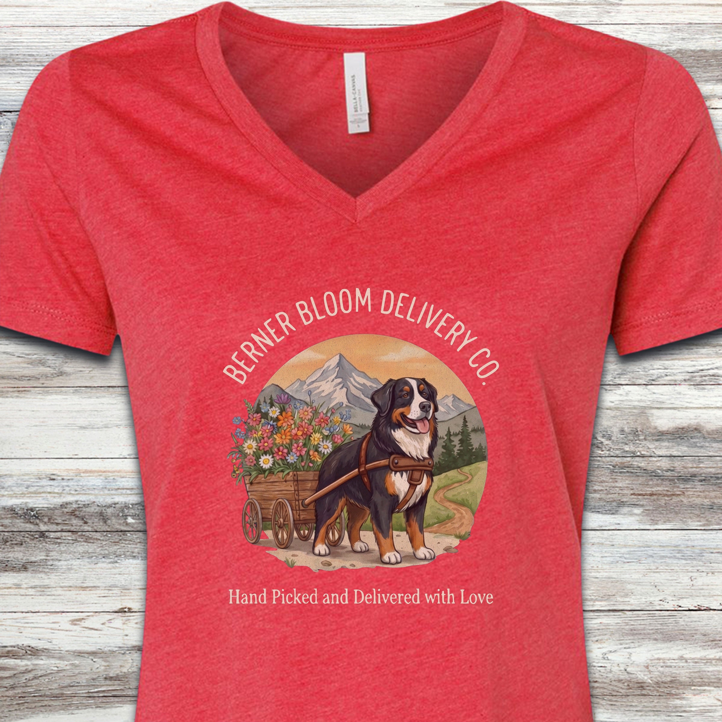 Bernese Mountain Dog Bloom Delivery V-Neck Tee - Heather Red