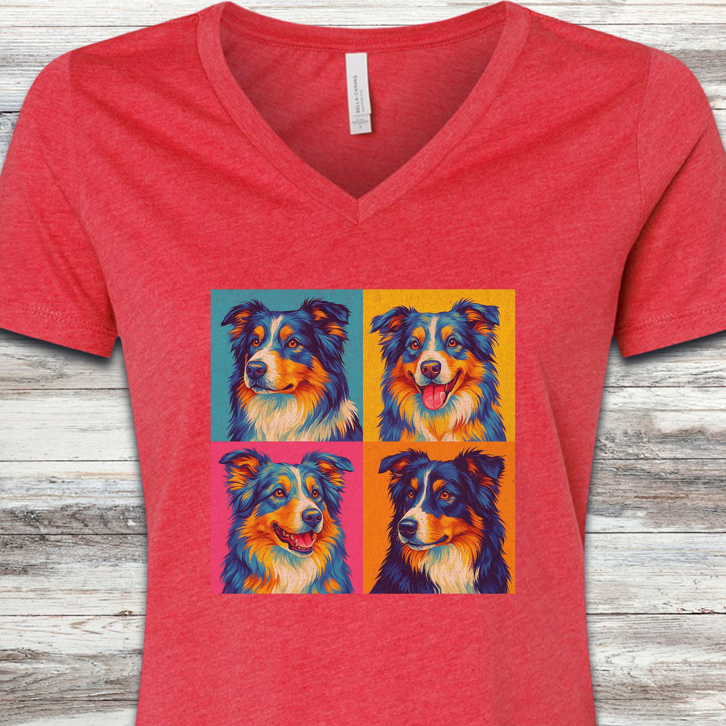 Australian Shepherd Pop Art V-Neck Tee - Heather Red