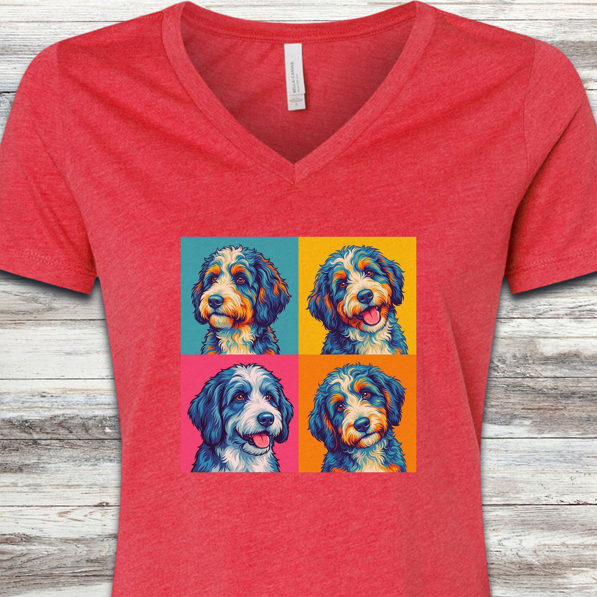 Bernedoodle Pop Art V-Neck Tee - Heather Red